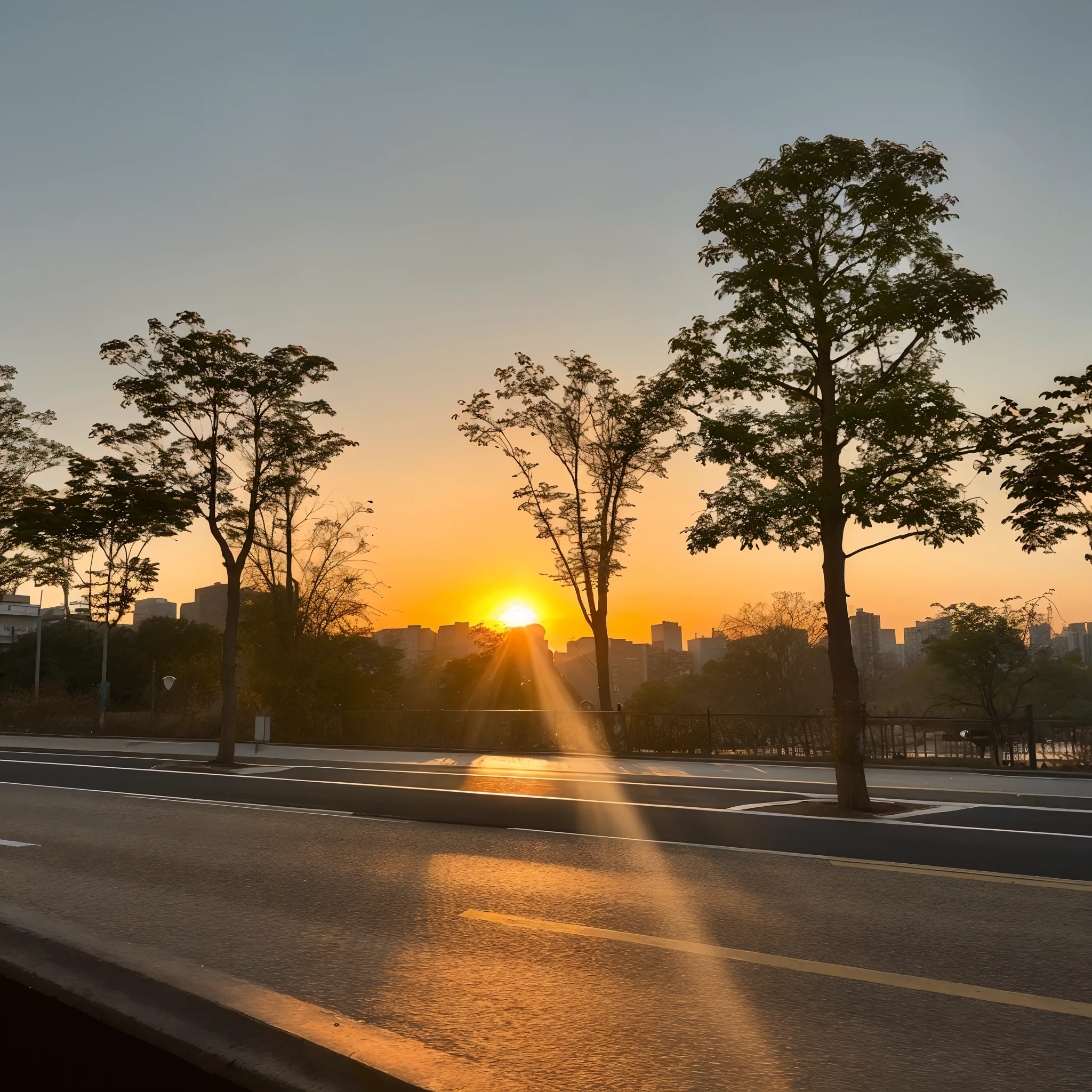 There are trees of the streets and the Aalfid landscape of the sunset in the background, golden hour in beijing, golden hour time, and the sun was shining brightly, The sun is setting, sun setting in the background, late afternoon sun, Beautiful Late Afternoon, Sol da Hora de Ouro, golden hour sunlight, prime time, shining golden hour, in the golden hour, sunset warm spring
