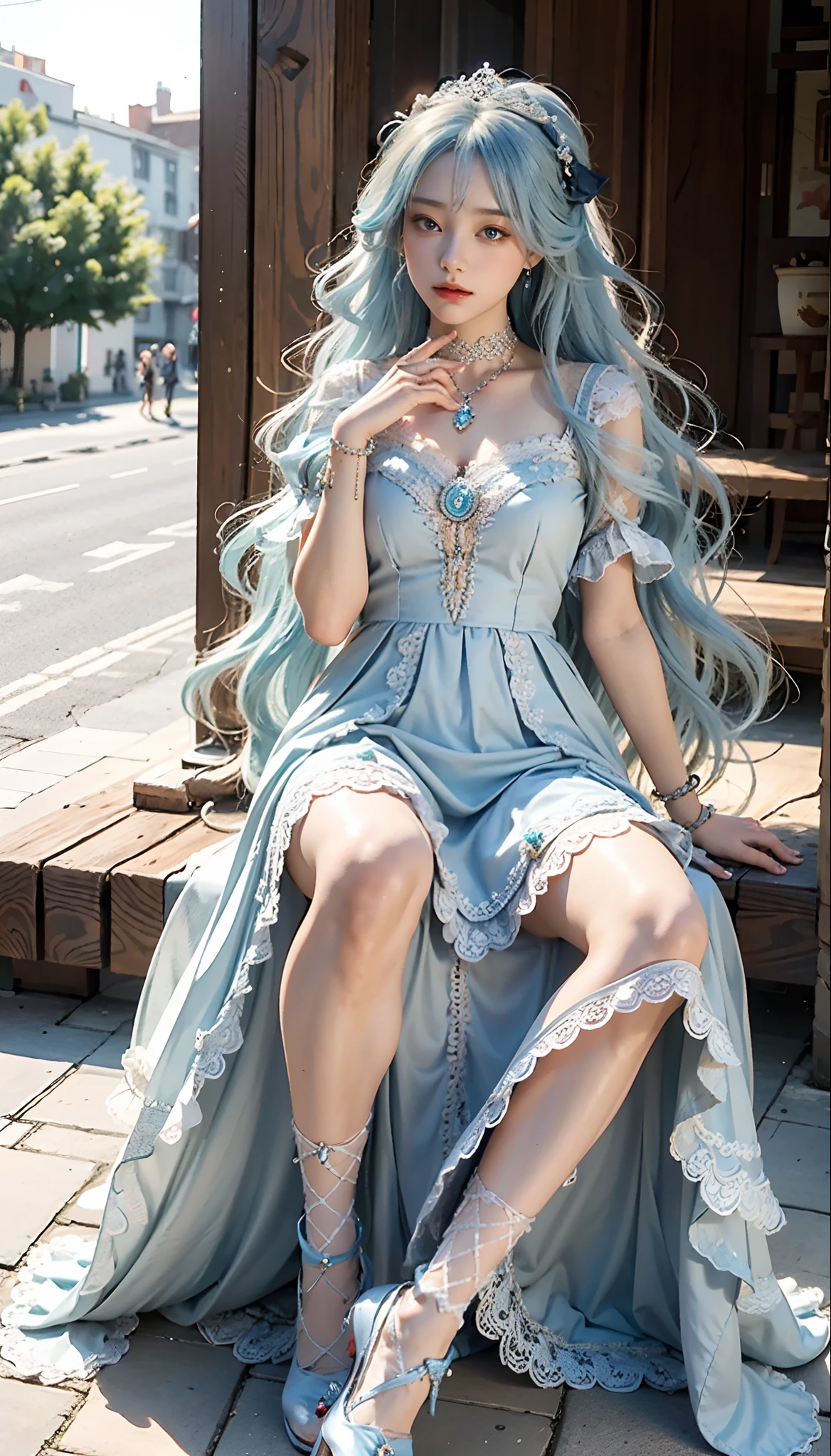 meticulous portrayal of face,1 noblewoman,(Lace orange Lolita maxi dress),(Long flowing light blue hair),Exquisite jewelry all over the body,Collar,Anklets,head chain,Lace-trimmed socks,(Lolita shoes), s the perfect face, perfect hand, Perfect Finger, Perfect lips, perfect eyes,Extremely normal body, Perfect background