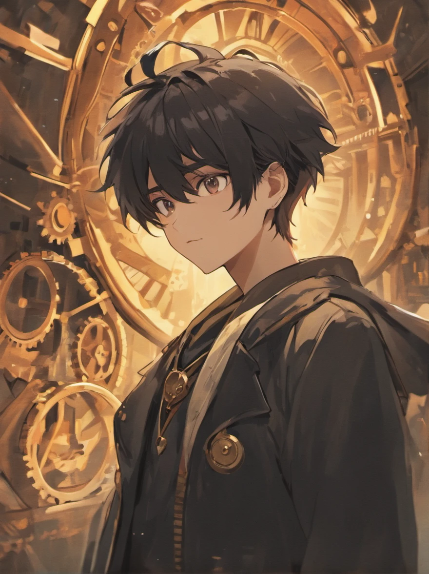 8K, winning, A highly detailed, 22-year-old man, Charming and attractive man with dark, black hair. Dressed in a plaid shirt in brown tones, and similar color, Pants. He has a monocle on his face. The eye on which the monocle is dressed is red, and the other eye is blue. A man standing completely wet in the rain of the night sky