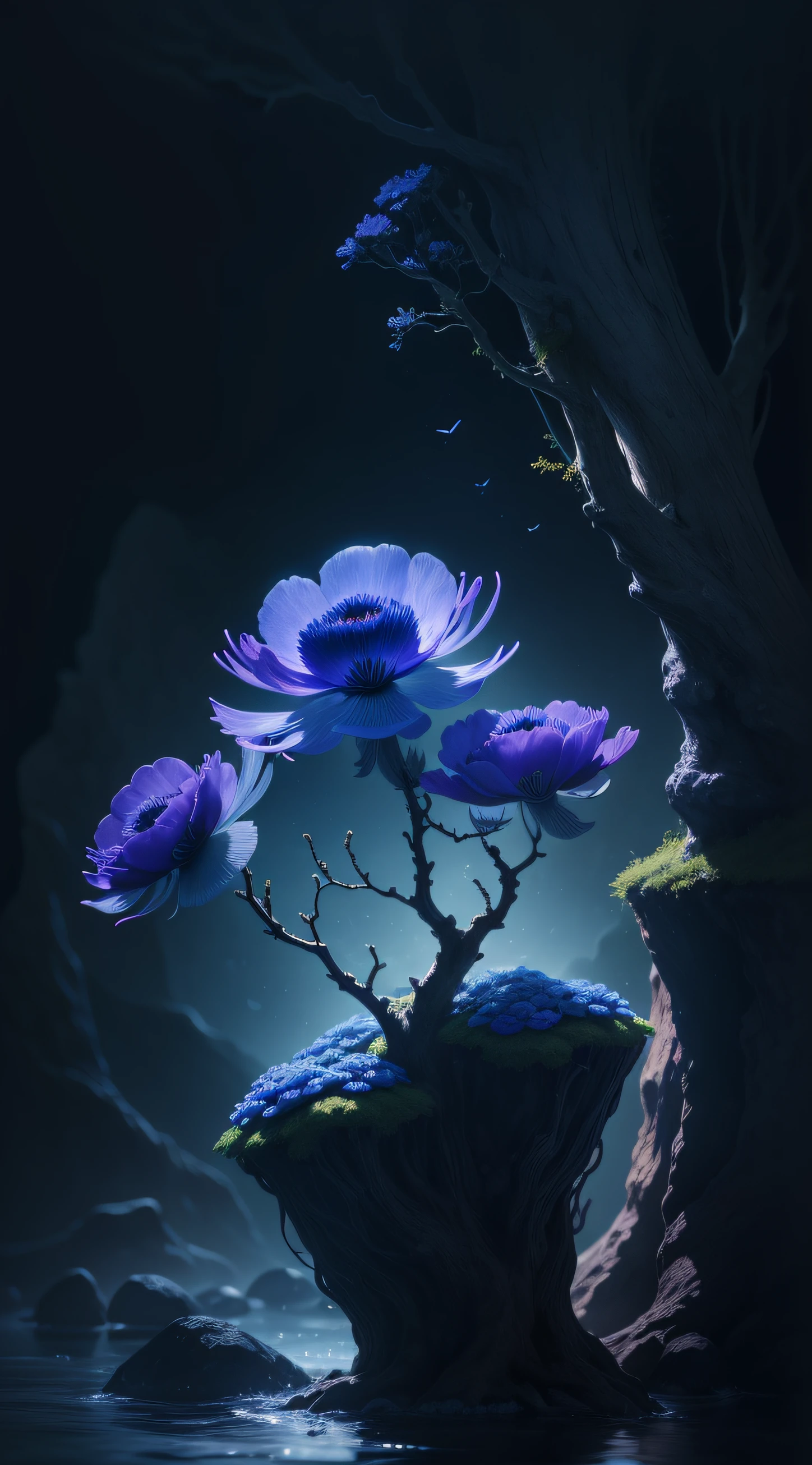 Three sea anemones, Three anemones on a tree,sea anemone ,Dark background,high resolution,High quality,Blue roses