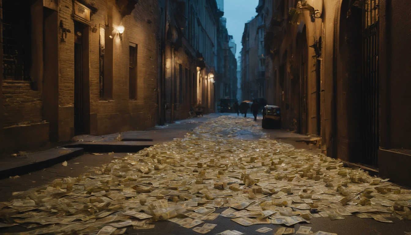 hyperinflation、The Great Recession、Banknotes lose their value、Money becomes garbage、Banknotes are scattered a little on the street,(((Ruined city)))、dark ambiance、