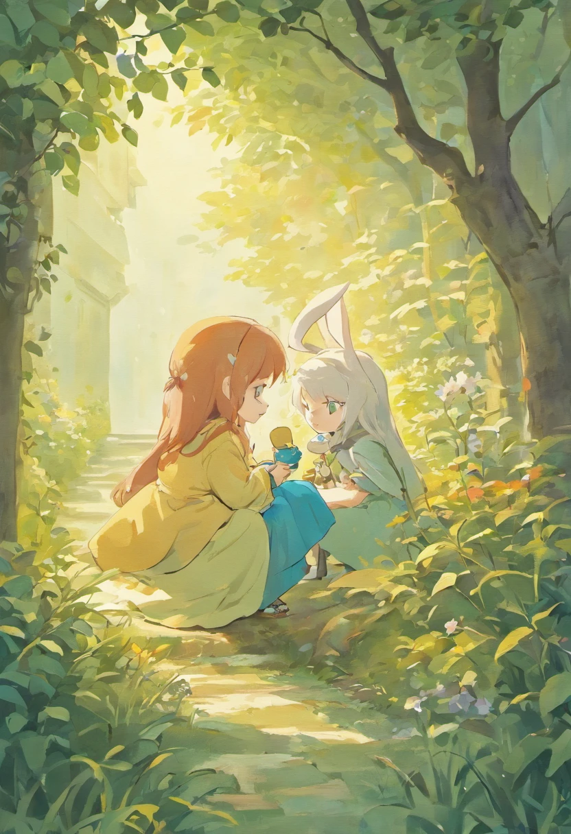 Illustration of a picture book in the style of Beatrix Potter, Shows a girl and a rabbit drinking tea in the garden. The illustrations are attractive and exquisite, Soft colors and details.