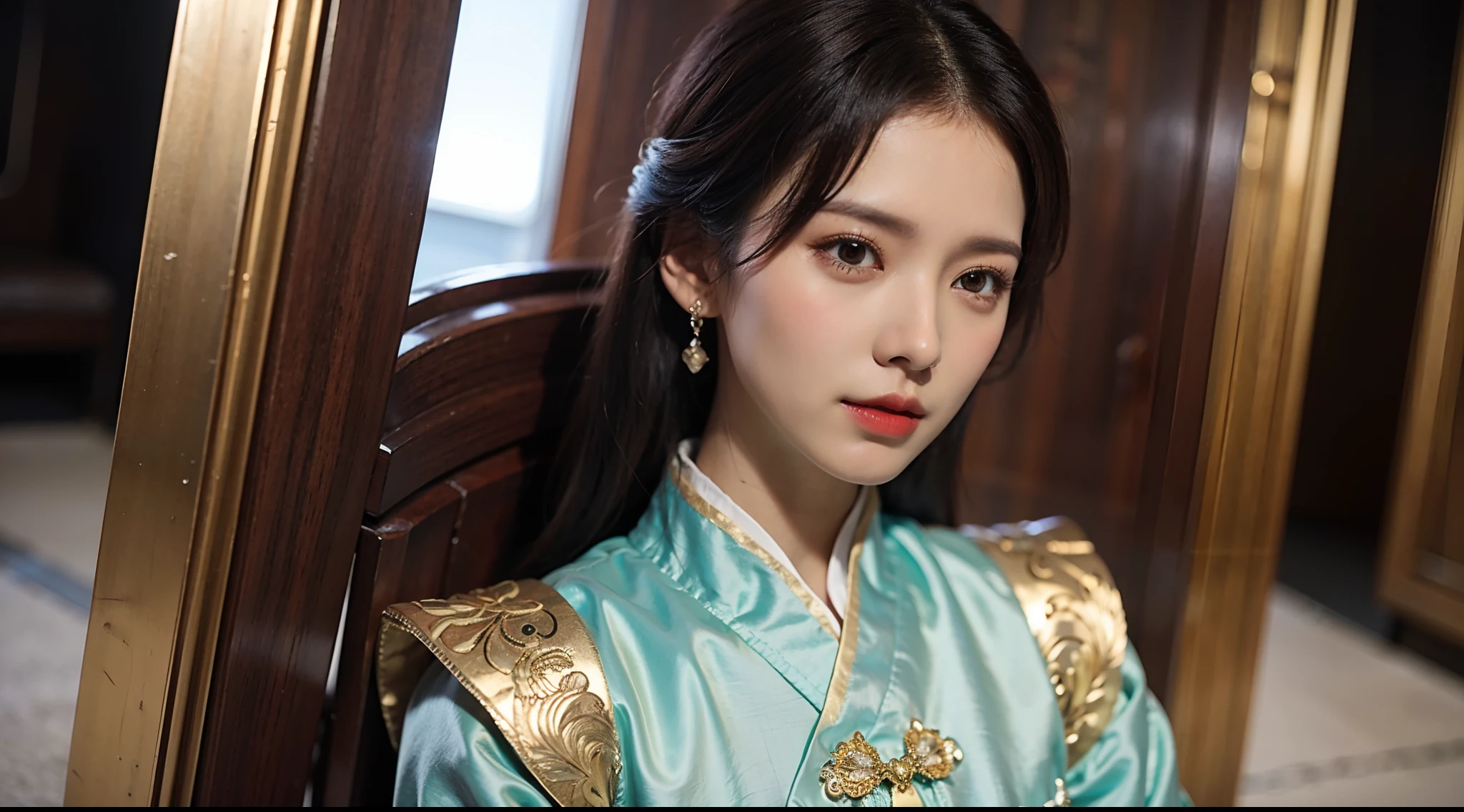 (A half body,Close-up),Arakfi Asian woman sitting in chair,Wearing a green and gold dress, Palace , A girl in Hanfu, Hanfu, Cheongsam, with acient chinese clothes, Traditional beauty, Traditional Chinese clothing, Wearing ancient Chinese clothes, Chinese style, Chinese dress, Chinese costume, Chinese traditional, Chinese girl, Inspired by Huang Ji, wearing ornate silk clothes,Front light,Bright,Light trace reflection,Embroidery,silkouette,Gauze skirt,swordsmen