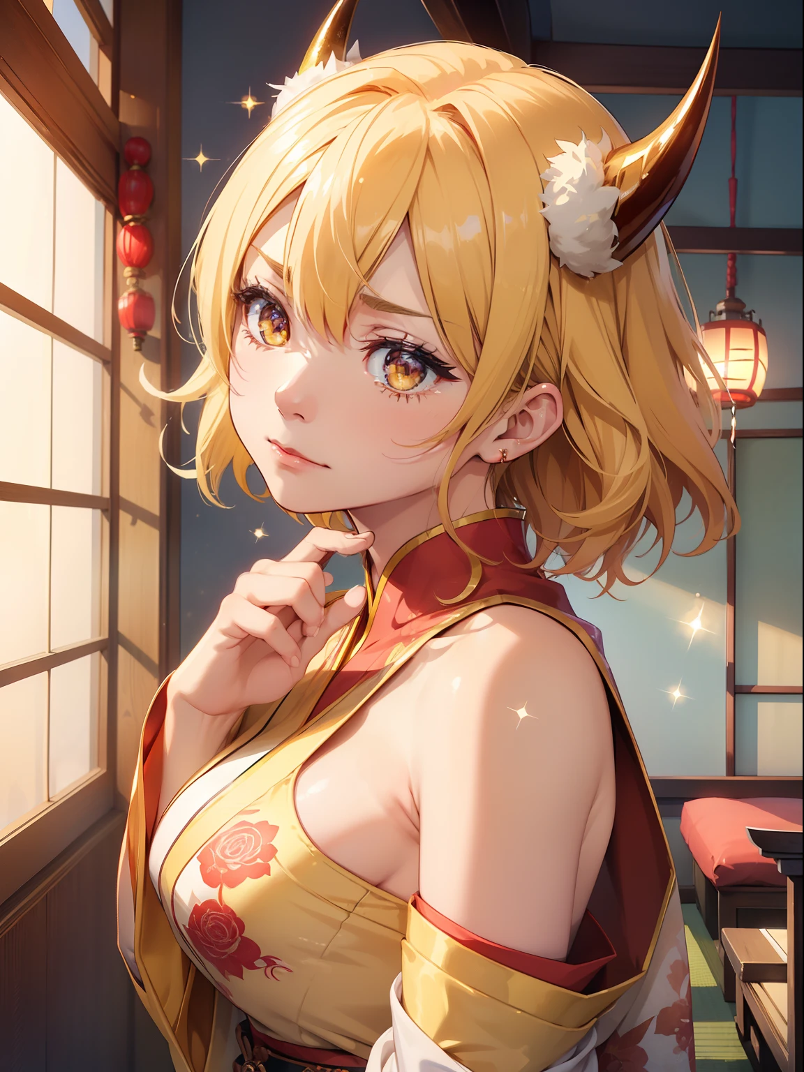 masutepiece, High resolution, 8K, anime woman, Delicate and detailed writing 、Detailed digital illustration、Short hair、perm、Shiny hair、Bangs、a very beautiful woman、Eyes are double, Large, Bust is D cup、High image quality, High quality、Detailed background、The inside of the eye shines like a diamond、Light yellow hair、Gradient pupil、(((2 arms、4 fingers, 1 thumb)))、Detailed female face、Very beautiful and cute woman、、细致背景、​masterpiece、 Bright gradient watercolor , Lens Flare , (((Glitter))) , Glow , Dreamy , Yellow Ribbon、((Very beautiful yellow rose hair accessories))、((Straight at the angle of the front))、(((Red and White Devil's Horns))),(((Komono)))、(((Japanese-style room background)))、(((annoyed)))､((flame background))