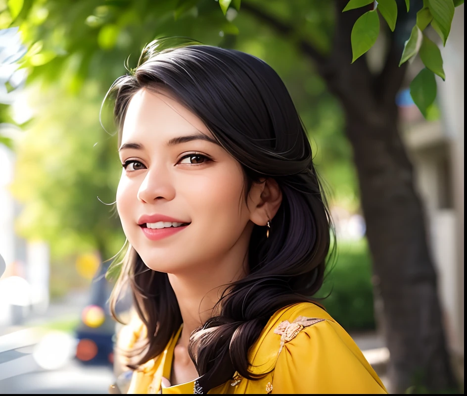 smiling woman in yellow shirt standing under a tree with a cell phone, by Max Dauthendey, photo of a woman, candid picture, with accurate face, devainart, portrait mode photo, photo taken in 2 0 2 0, portait photo profile picture, nivanh chanthara, candid photo, by Odhise Paskali