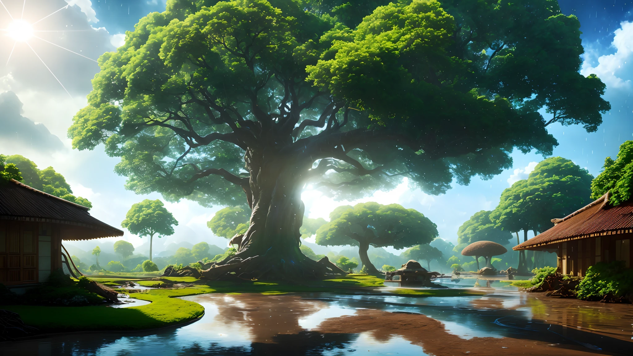 Masterpiece, best quality, high quality, highly detailed CG unity 8k wallpaper, surreal giant cyan rain tree in a futuristic prehistoric village, splashing water, sandy debris, lens flare, sun axis, fluffy clouds, ultra detailed, HDR, bloom, photorealistic, ultra detailed
