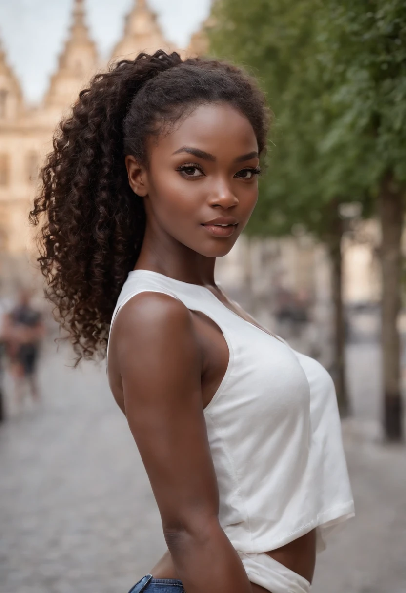 ((Dark African skin, Very deep ebony skin)), ((Its beauty is undeniable)), ((Excited cute face)), ((Hyper detailed perfect eyes,)), ((Pose mignonne)), ((Langue sortie)), ((Seductive )), sexy, (( Tight mesh shirt, shorts courts sexy)), ((African long curly hair afro ponytail,)), (( peau)), (( gros seins )), ((debout, Vue de face)), ((toucher ses propres jambes dans une pose sexy)), ((dehors, Ville publique)), Sharp Focus CGI, photoreallistic, High detail, Realstic, Masterpiece, absurdes, Best quality, Hdr, High quality, high-definition, Extremely detailed, 8k wallpaper, Intricate details, 8K UHD, Full-HD, (photo realist:1.2), contraste, intense illumination, lighting cinematic, natural lighting, hard light, contre-jour, Illumination globale, occlusion ambiante, ebony ????? spreading to show dirty