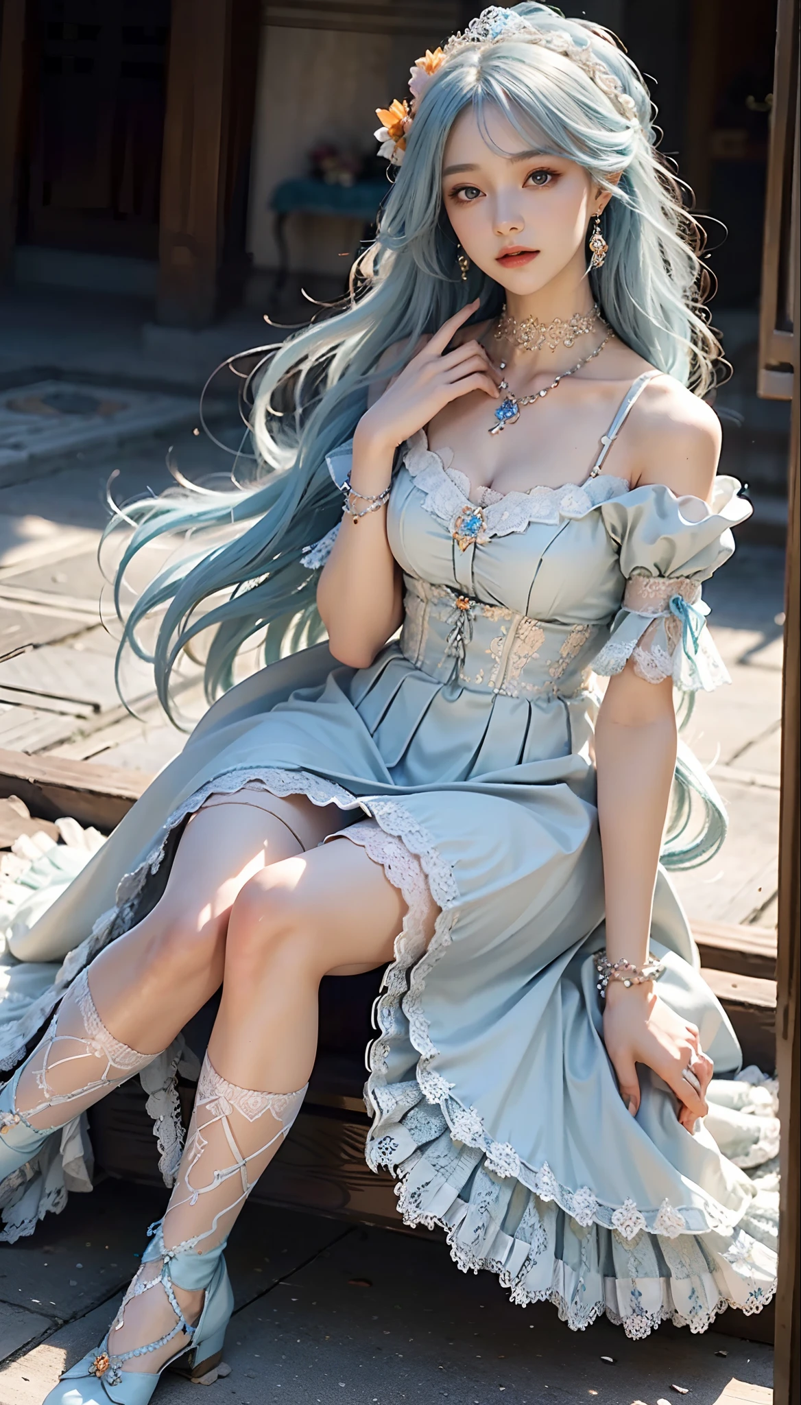 meticulous portrayal of face，1 noblewoman，(Lace orange ta maxi dress)，(Long flowing light blue hair)，Exquisite jewelry all over the body，Collar，Anklets，head chain，Lace-trimmed socks，(Lolihoes)， s the perfect face， perfect hand， Perfect Finger， Perfect lips， perfect  eyes，Extremely normal body， Perfect background