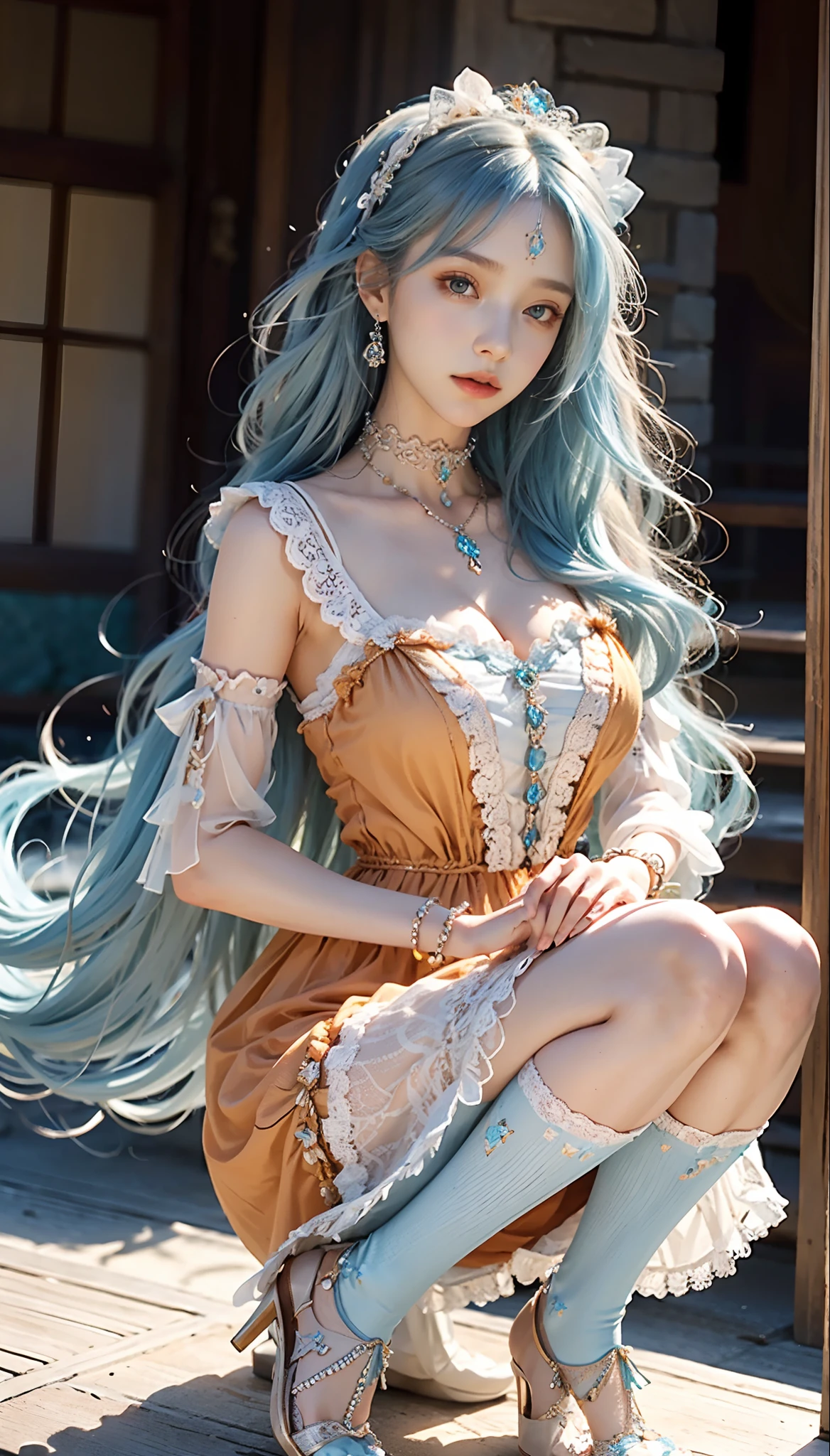 meticulous portrayal of face,1 noblewoman,(Lace orange ta maxi dress),(Long flowing light blue hair),Exquisite jewelry all over the body,Collar,Anklets,head chain,Lace-trimmed socks,(Lolihoes), s the perfect face, perfect hand, Perfect Finger, Perfect lips, perfect eyes,Extremely normal body, Perfect background