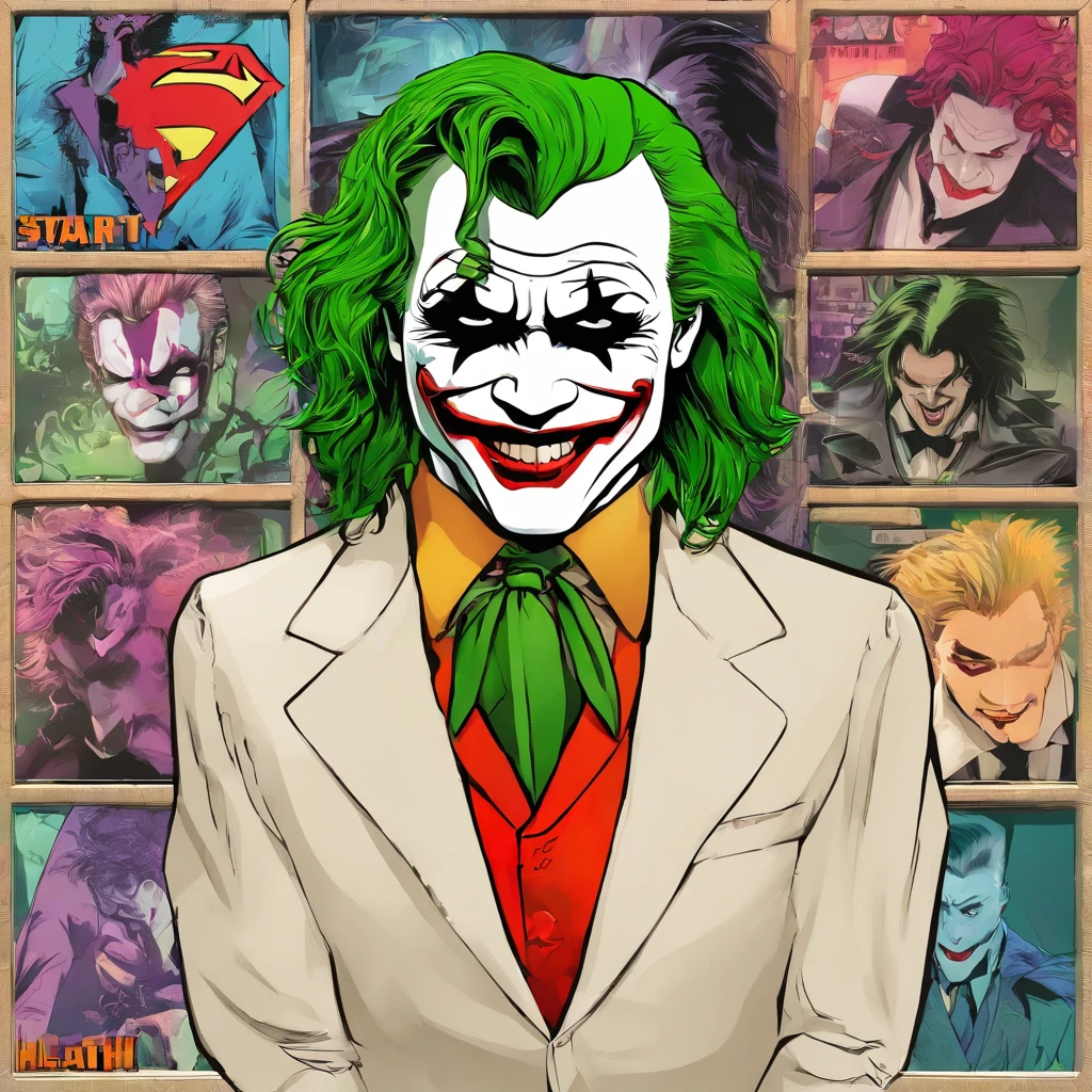 Transform a portrait photo into the iconic Heath Ledger's Joker look. Begin with a clear, well-lit image of a subject with a neutral expression. Apply AI-based facial transformation techniques to achieve the Joker's pale white skin, dark smudged eye makeup, and exaggerated red scars for the mouth. Digitally manipulate the hair to resemble the Joker's green hair, and add a purple suit with a green vest or tie. Choose a background that evokes a scene from the Batman movie, adjust the lighting for a cinematic atmosphere, and enhance the image using AI for contrast and color. Lastly, use AI to give the subject a sinister and maniacal smile, capturing the essence of Heath Ledger's Joker. Rich colors, 3d style, cartoonish look, realistic, Fine-tune the image for realism and export it in high resolution.