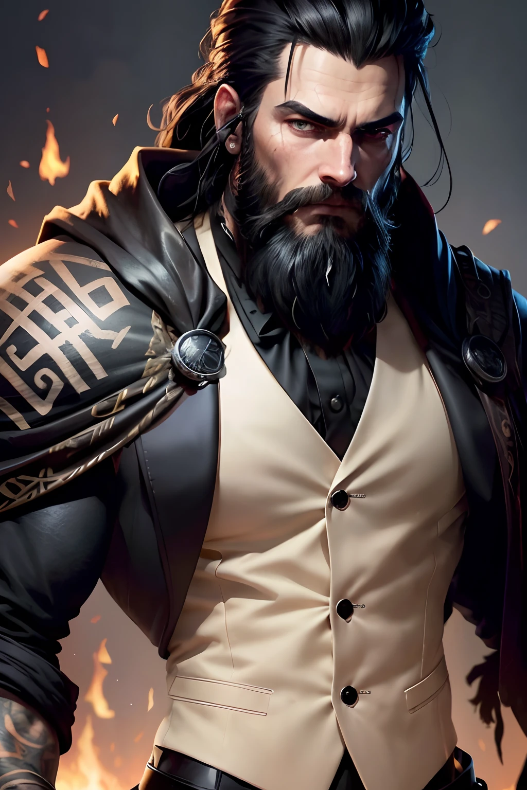 a close up of a man with tattoos and a beard, blackbeard, young human male , with glowing runes on the body, male god svarog portrait, norse god, covered in runes, fit young male , concept art of god, muscular , young god, skinny male fantasy alchemist, detailed full body concept, muscular character, immortal, no wrinkles
