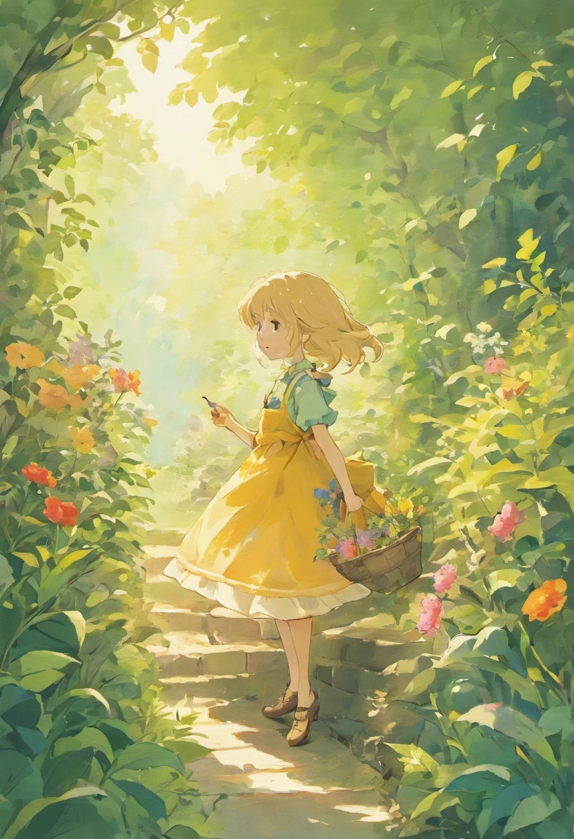 Illustration of a picture book in the style of Beatrix Potter, Shows a girl in the garden. The illustrations are attractive and exquisite, Soft colors and details.