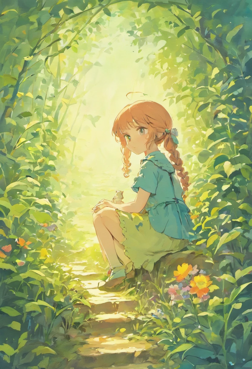 Illustration of a picture book in the style of Beatrix Potter, Shows a girl in the garden. The illustrations are attractive and exquisite, Soft colors and details.