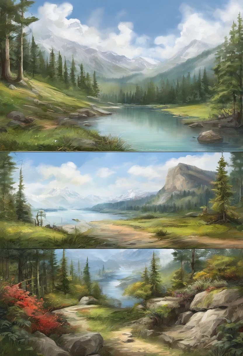 (((Comic storyboard))),comic strip,Two-dimensional picture,Manhwa Style,Makoto Shinkai animation style,Makoto Shinkai animation film art style,Ultra-wide angle of view,China-style,mountain cliff,precipice,pines,Faraway view,Vivid and bright colors,super-fine,ultra - detailed,high qulity,8K ,oc rendered,dynamic viewing angle,Hyper-realistic,Hyper Real,Ultra photo realsisim