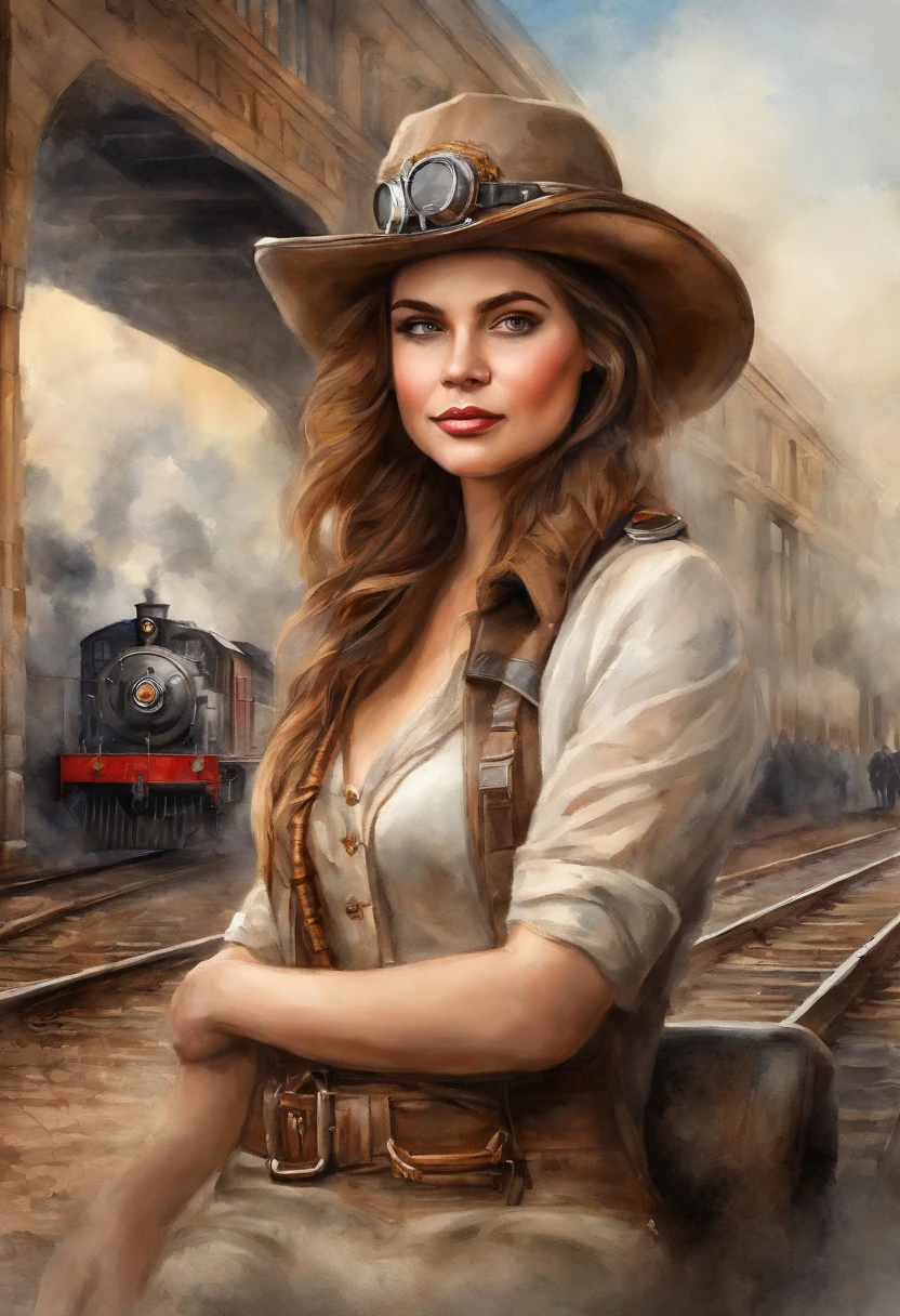 1 girl, pilot hat , Solo, Steam punk, Train station, , steams, Smoke, Masterpiece, Highly detailed,hdr,8K resolution, Best quality,