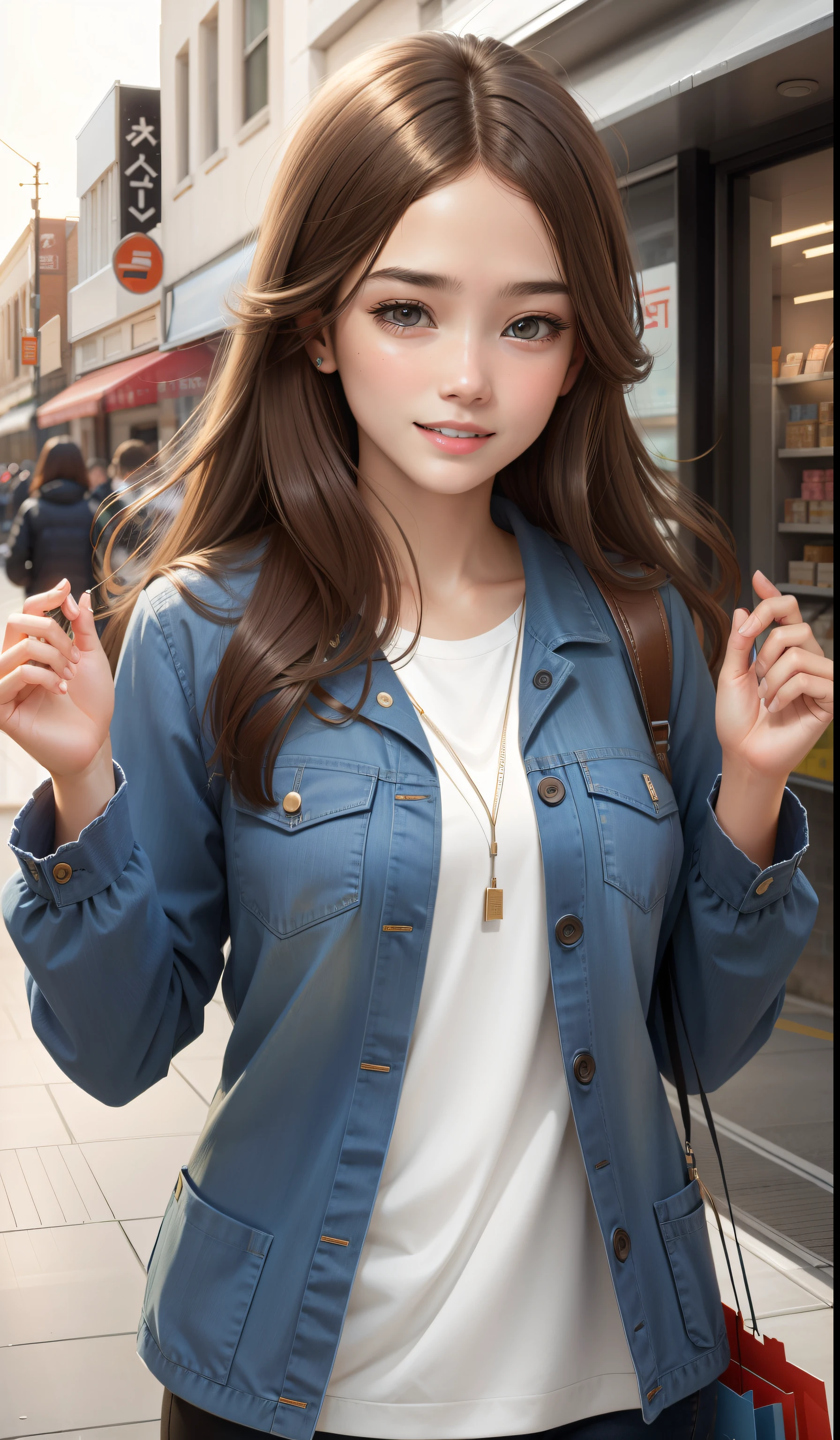shopping, 20 years old, Realistic,Everyday clothes, Expressions of satisfaction and relief, Brown hair,An ultra-high picture quality,high-detail,