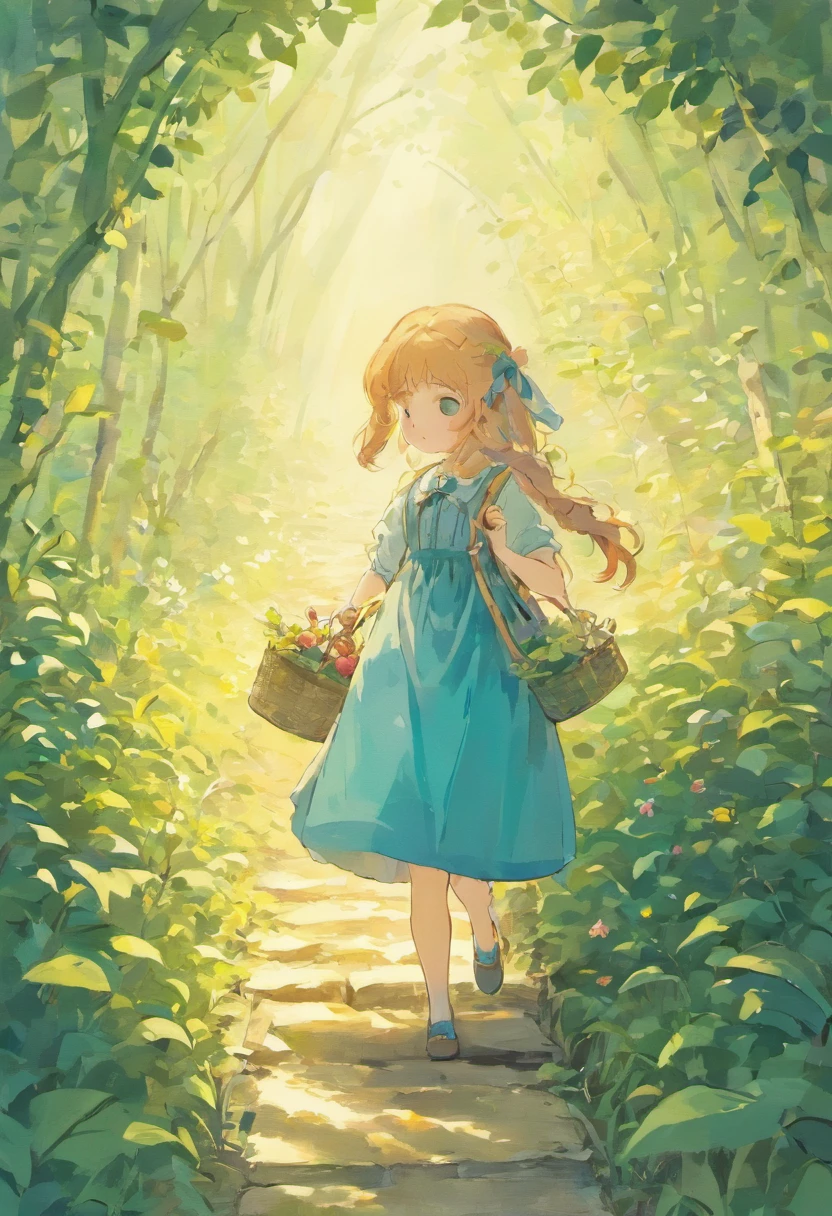 Illustration of a picture book in the style of Beatrix Potter, Shows a girl in the garden. The illustrations are attractive and exquisite, Soft colors and details.