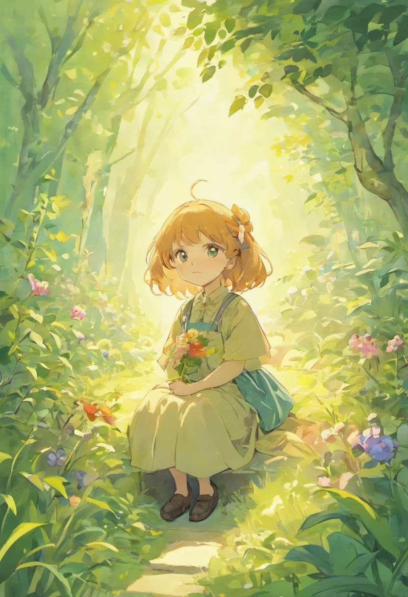 Illustration of a picture book in the style of Beatrix Potter, Shows a girl in the garden. The illustrations are attractive and exquisite, Soft colors and details.