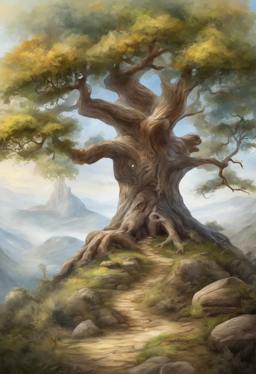Zeebos, Giant epic fantasy tree, huge mountains, Cinema lenses, Wide-angle view, Realistic, Detailed skins, 8K, trending on artstationh, smooth, 3D animation - AR 2:1 --v 5 --q 2 --s 750