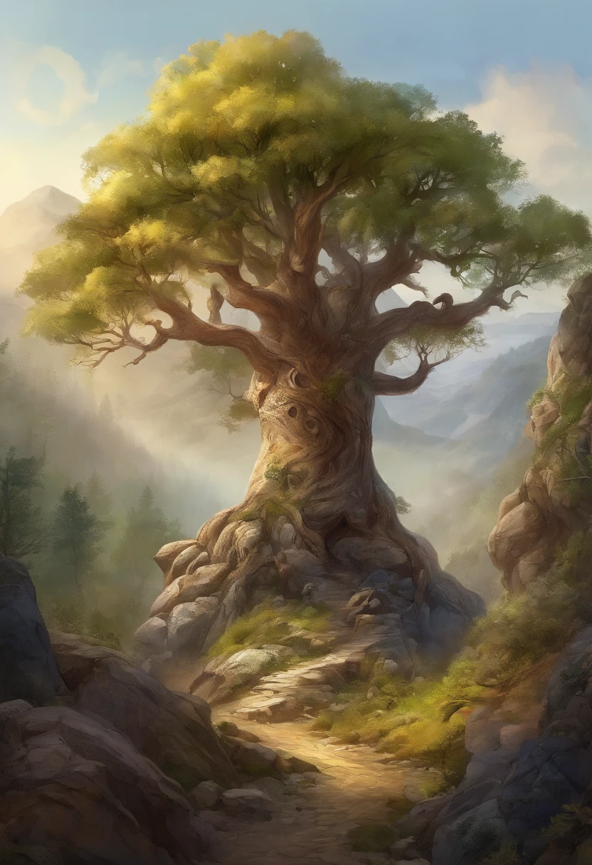 Zeebos, Giant epic fantasy tree, huge mountains, Cinema lenses, Wide-angle view, Realistic, Detailed skins, 8K, trending on artstationh, smooth, 3D animation - AR 2:1 --v 5 --q 2 --s 750