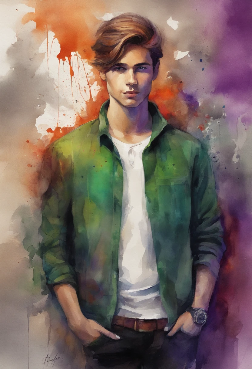 Character half-aside, Male, Boy, , Medium beard, red brown hair, Green eyes, Long hair, calm. Wise, Background with neon purple graffiti, Utopian city, surrealism, Minimalism, expressionistic, Anime style, shadowing, filmgrain, Vignetting, Silhouette, 1080p, Anatomically correct