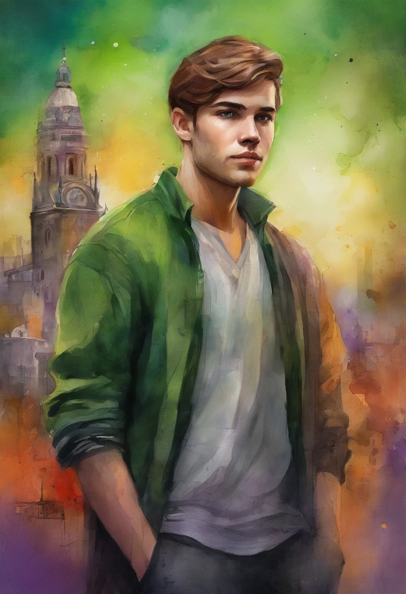 Character half-aside, Male, Boy, 17 years old, Medium beard, red brown hair, Green eyes, Long hair, calm. Wise, Background with neon purple graffiti, Utopian city, surrealism, Minimalism, expressionistic, Anime style, shadowing, filmgrain, Vignetting, Silhouette, 1080p, Anatomically correct