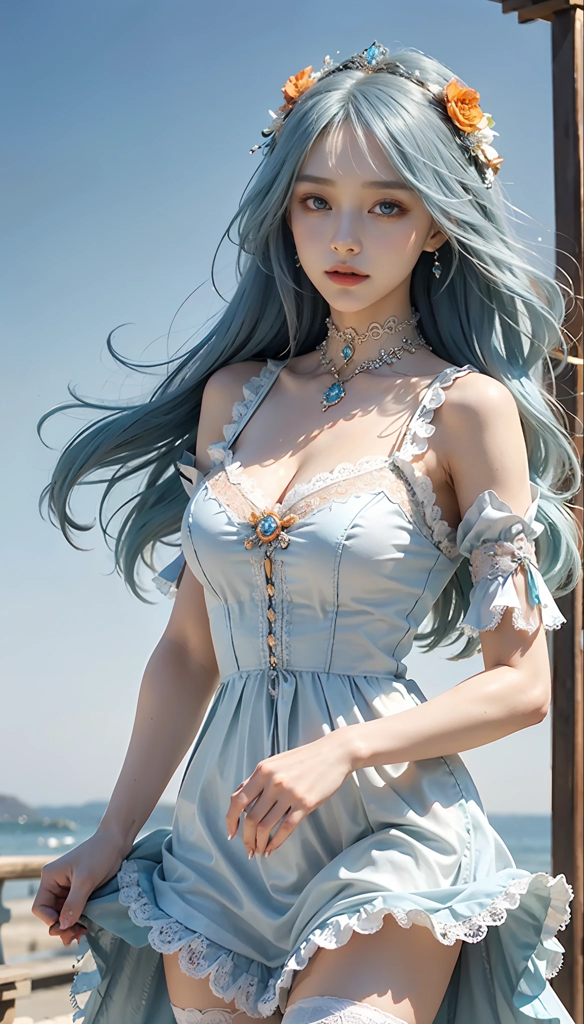 meticulous portrayal of face,Florist background,1 noblewoman,(Lace orange Lolita maxi dress),(Long flowing light blue hair),Exquisite jewelry all over the body,Collar,Anklets,head chain,Lace-trimmed socks,(Lolita shoes), s the perfect face, perfect hand, Perfect Finger, Perfect lips, perfect eyes,Extremely normal body, Perfect background