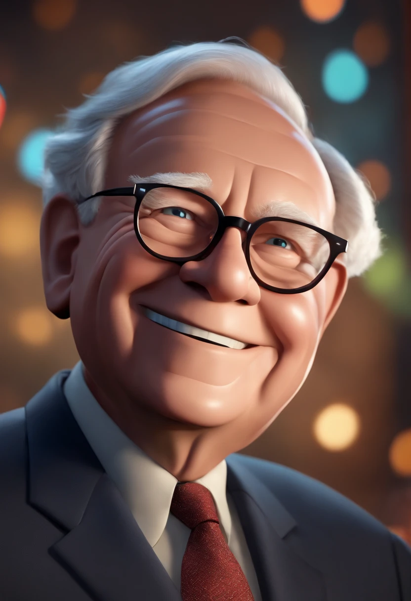 Warren buffet smiling in suit, pixar, 3D, Disney