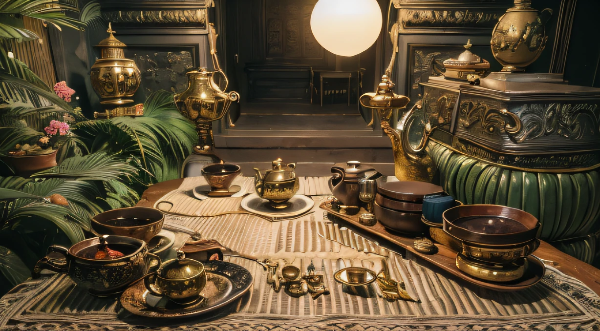 Top picture quality，8K,Meeting site，In the canyon ancient temple，All look at the desktop，Six male immortals，Black gold python robe crane embossed，Gourd tea set，Six dishes and one soup，A master piece of telephoto photography，Realisticstyle，hyper photorealism, Cinematic lighting, projected inset,