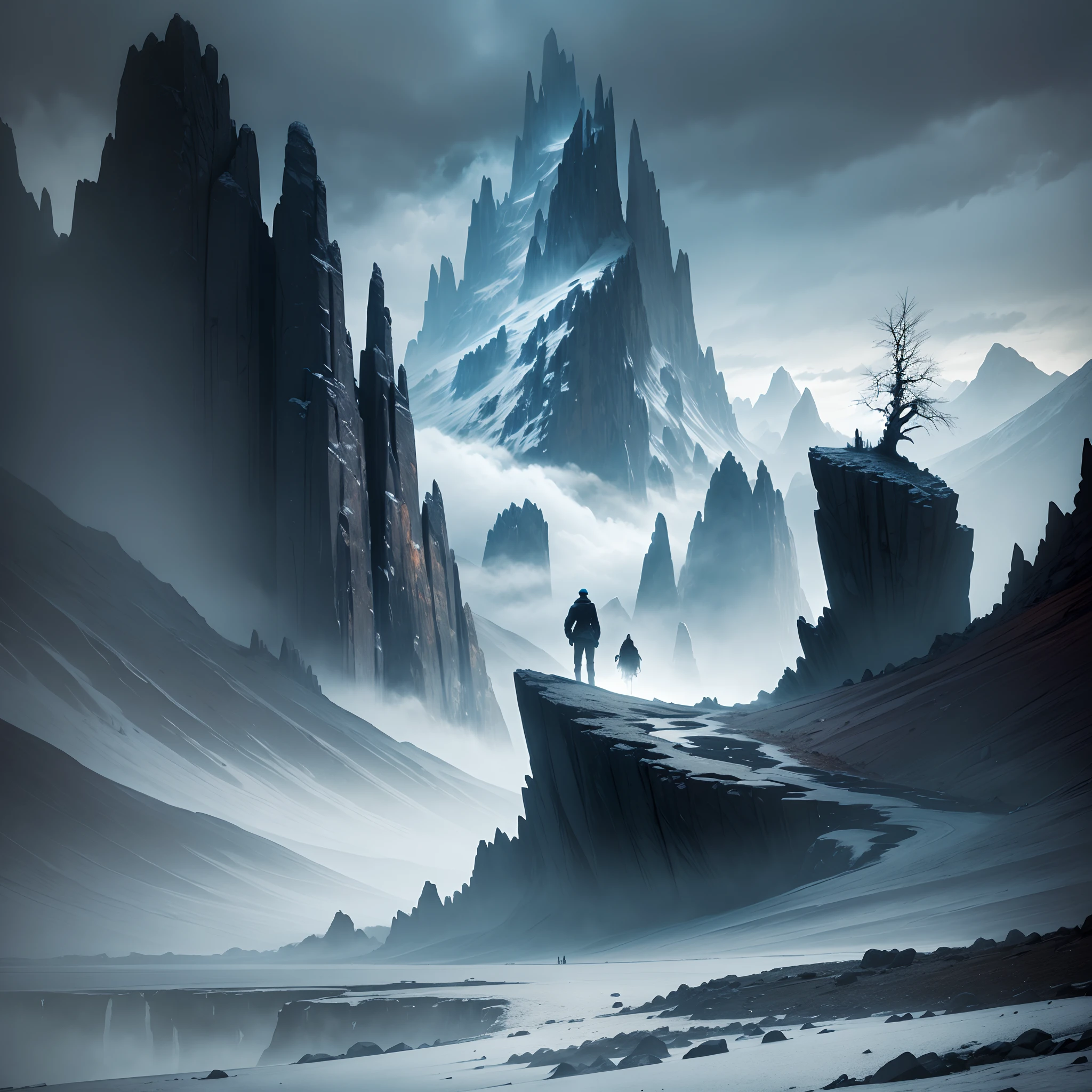 a cold scenary, dark, death, alone, A man, rocks, dry, dead tree,mountain, valleis, fog, spectral,magic, scary, intimidating,inposing, superior, artistic, clouds, scary path, danger, shadow, dynamic, rich composition, intricate, detailed, hidding,landscape, sketch,