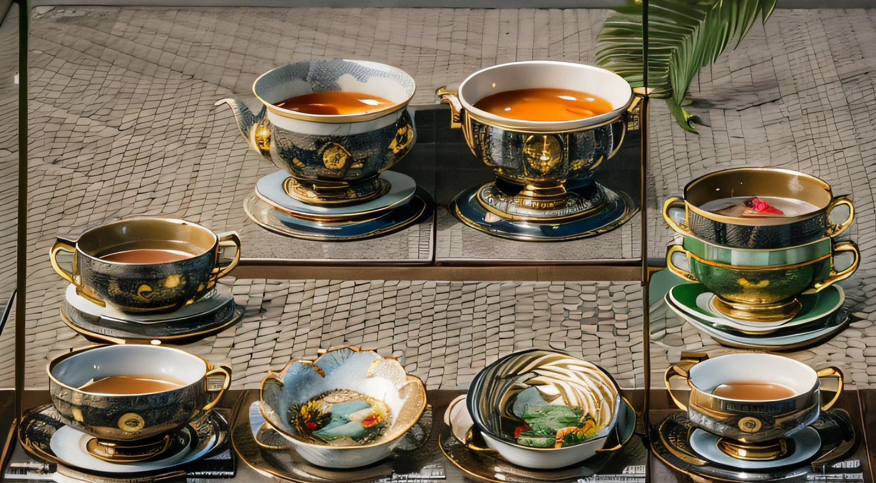 Top picture quality，8K,Meeting site，In the canyon ancient temple，All look at the desktop，Six male immortals，Black gold python robe crane embossed，Gourd tea set，Six dishes and one soup，A master piece of telephoto photography，Realisticstyle，hyper photorealism, Cinematic lighting, projected inset,