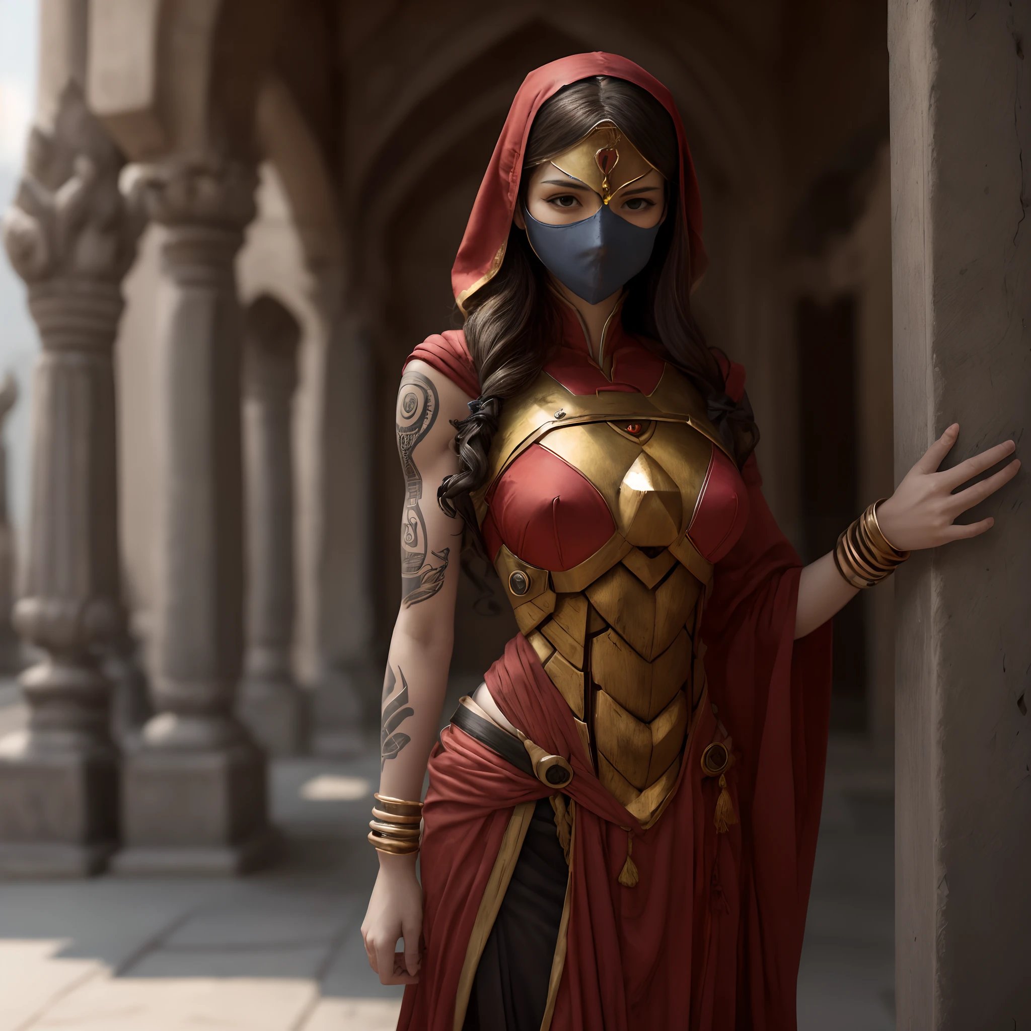 Voluptuous priestess with tattoos and percings on her body and an Iron Man mask outside a Hindu temple Ultra-realistic photo --auto