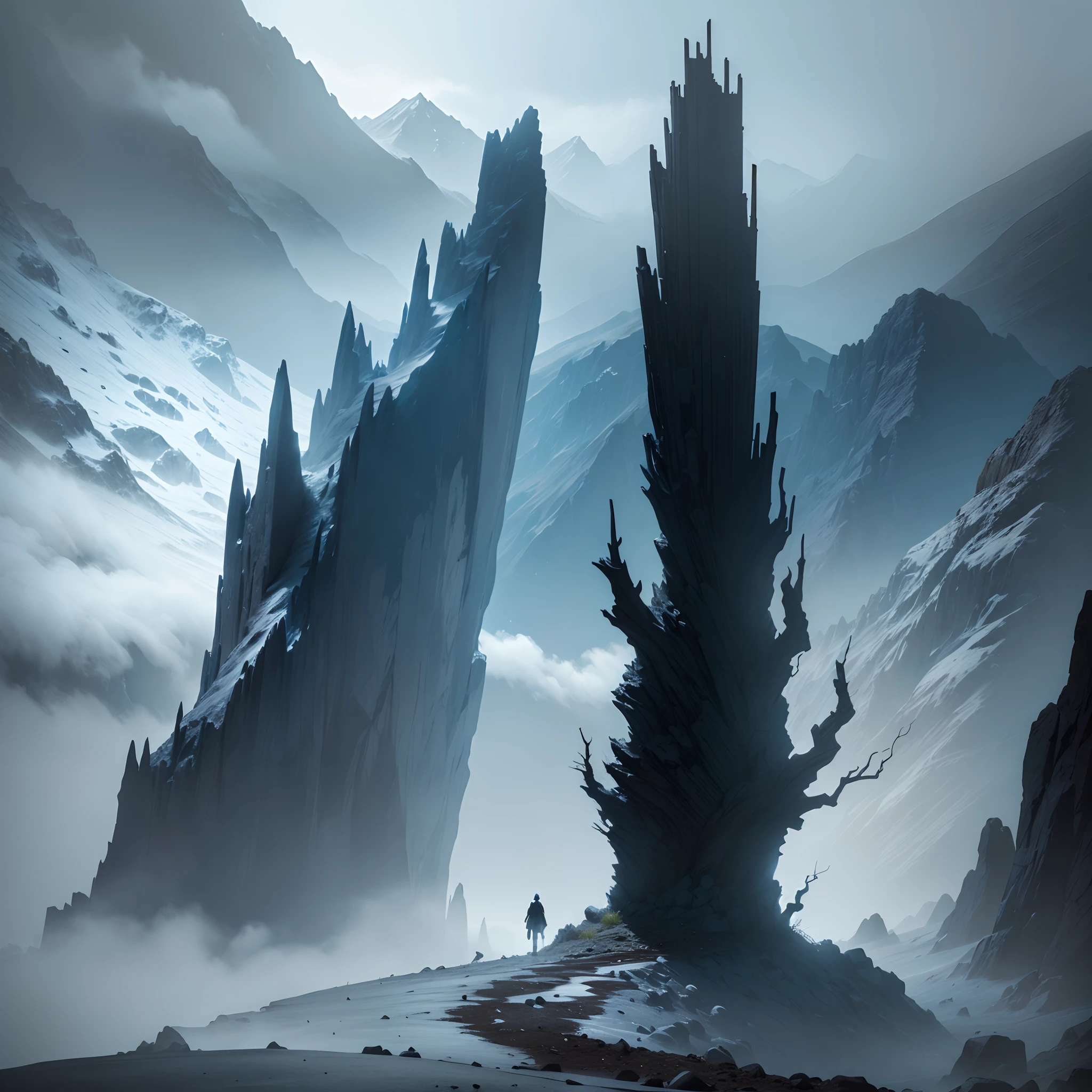 a cold scenary, dark, death, alone, A man, rocks, dry, dead tree,mountain, valleis, fog, spectral,magic, scary, intimidating,inposing, superior, artistic, clouds, scary path, danger, shadow, dynamic, rich composition, intricate, detailed, hidding,landscape, sketch,
