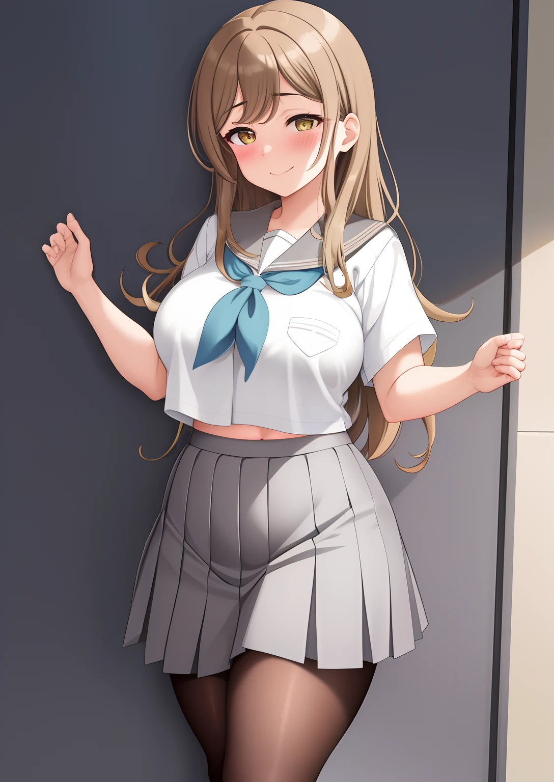 masterpiece, best quality,solo, (kunikida hanamaru), curvy body, (grey skirt), (school uniform:0.981),(uranohoshi school uniform:0.959), midriff,(smile:0.935), (pleated skirt:0.918), (breasts:0.878), (brown hair:0.875), (sailor collar:0.755), (neckerchief:0.749), (looking at viewer:0.699), (large breasts:1.0),(blush:0.605), llchar, (Skin tight:1.2), School, class, Blush, standing, Closed mouth