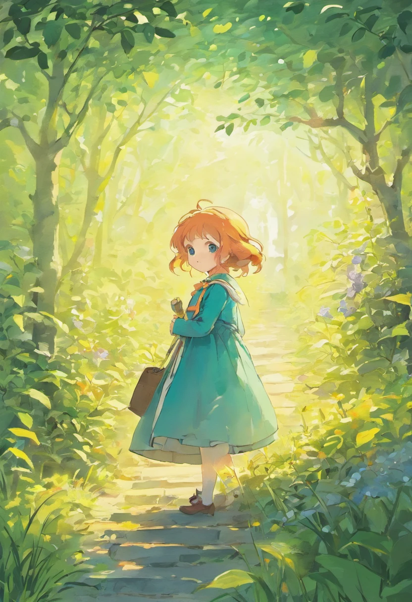 Illustration of a picture book in the style of Beatrix Potter, Shows a girl in the garden. The illustrations are attractive and exquisite, Soft colors and details.