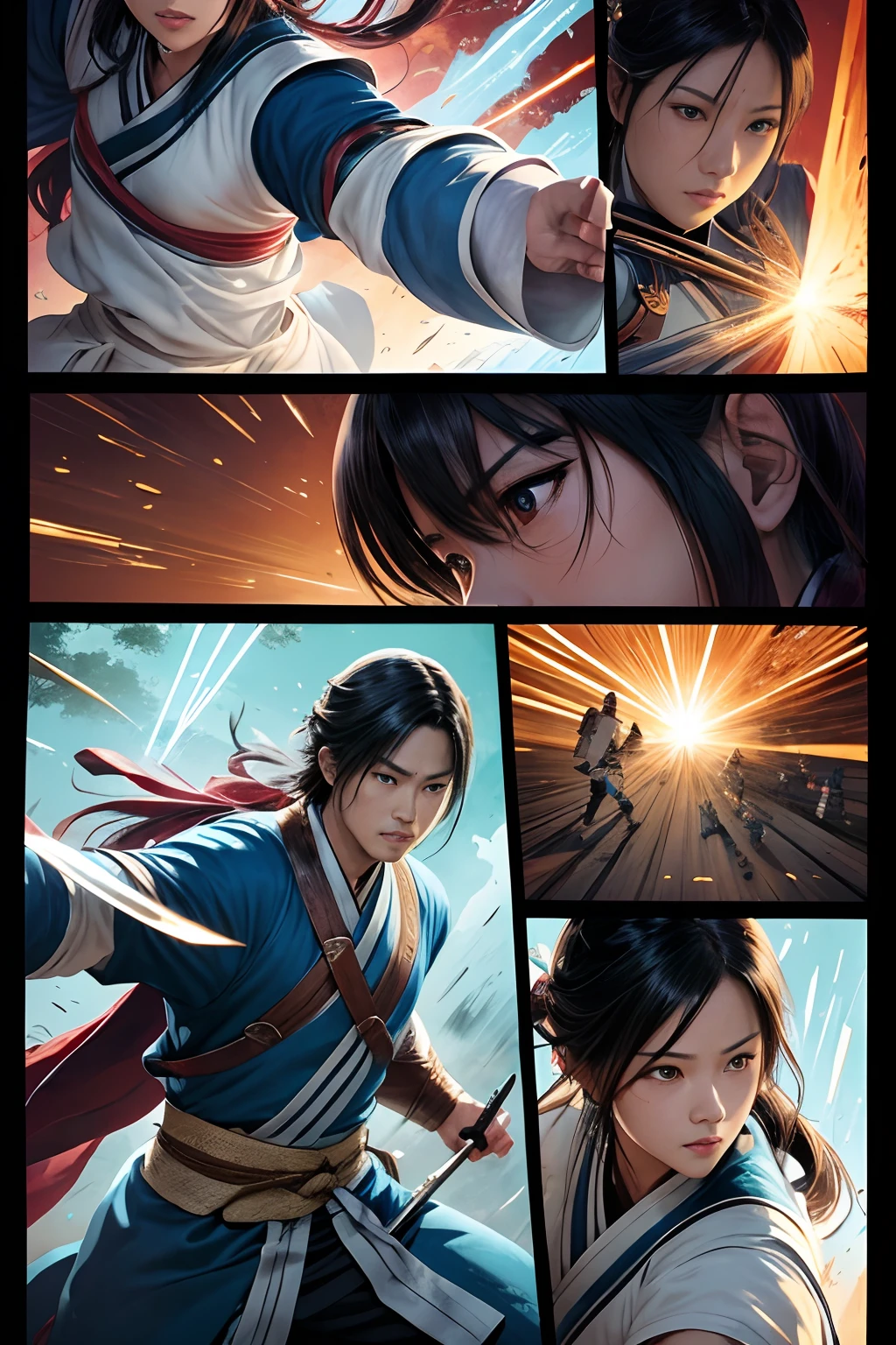 (illustration)comic page,There are multiple panels on a page:《The legend of the Shushan swordsman》cinematic ligh,Created by Huang Yulang,Clear facial features,The eyes are grim,Blue-white tuned tunic,Holding a sword in hand, It shows the clear lines of the film。Multiplayer fighting action,Vivid lighting,Vivid colors。lightand shade contrast。【Wide-angle lens burst】::Battle of the Bamboo Forest,breathtaking moment,Loose shot - niji 5 --Q 2 --- 16K。 (Comics-like panel layout, Voice balloons, English text, Hand drawn sound effect stickers used in comics)