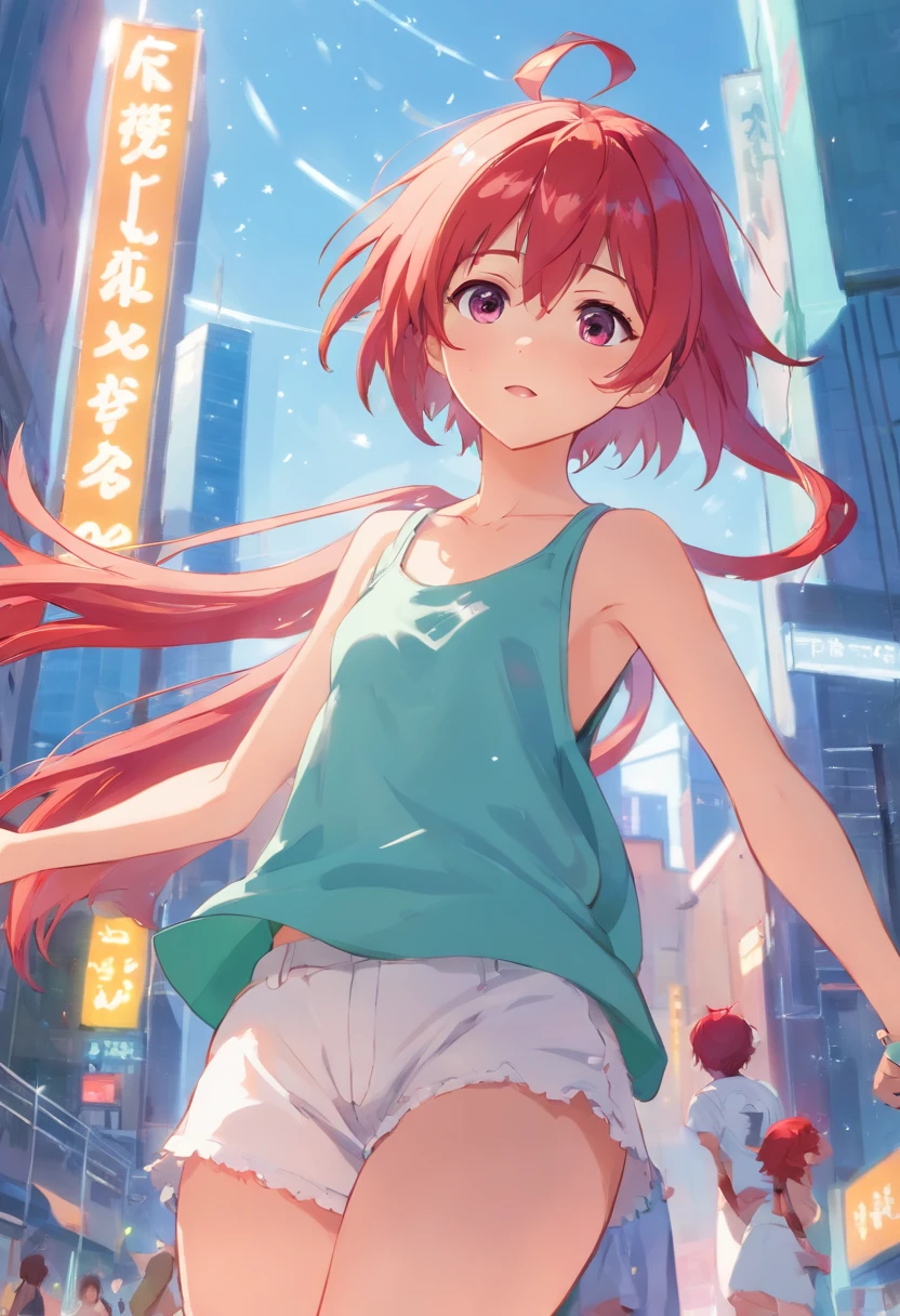 1girll, full bodyesbian, Sparkle, , Red and white hair,(multicolored hair:1.2), , No bra, shirts lift, Cocked buttocks，grab chest