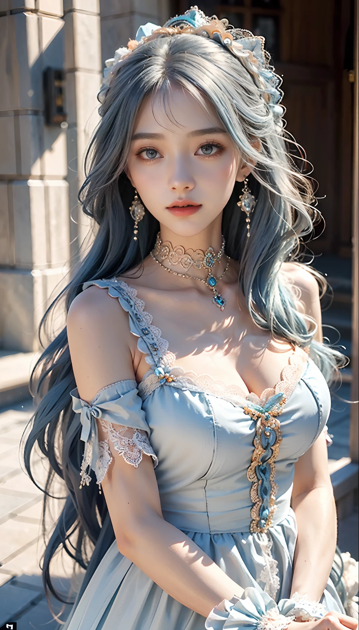 meticulous portrayal of face,1 noblewoman,(Lace orange Lolita maxi dress),(Long flowing light blue hair),Exquisite jewelry all over the body,Collar,Anklets,head chain,Lace-trimmed socks,(Lolita shoes), s the perfect face, perfect hand, Perfect Finger, Perfect lips, perfect eyes,Extremely normal body, Perfect background