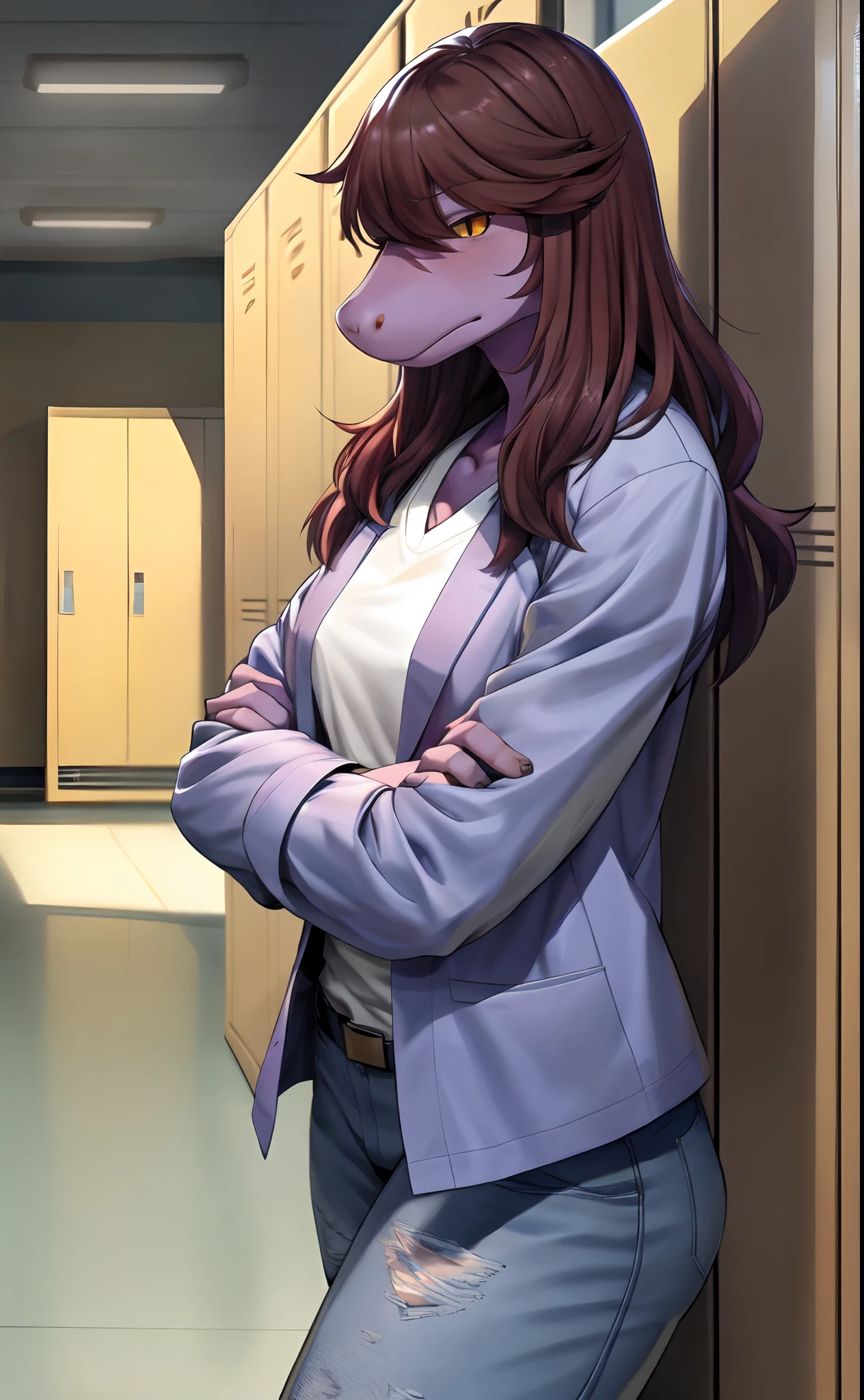 Susie, purple jacket, white shirt, ripped jeans, black shoes, long brown hair, yellow eyes, crossing arms, leaning against a locker, in a school hallway, by gudlmok99, by sleepiness18, jitome:1.2