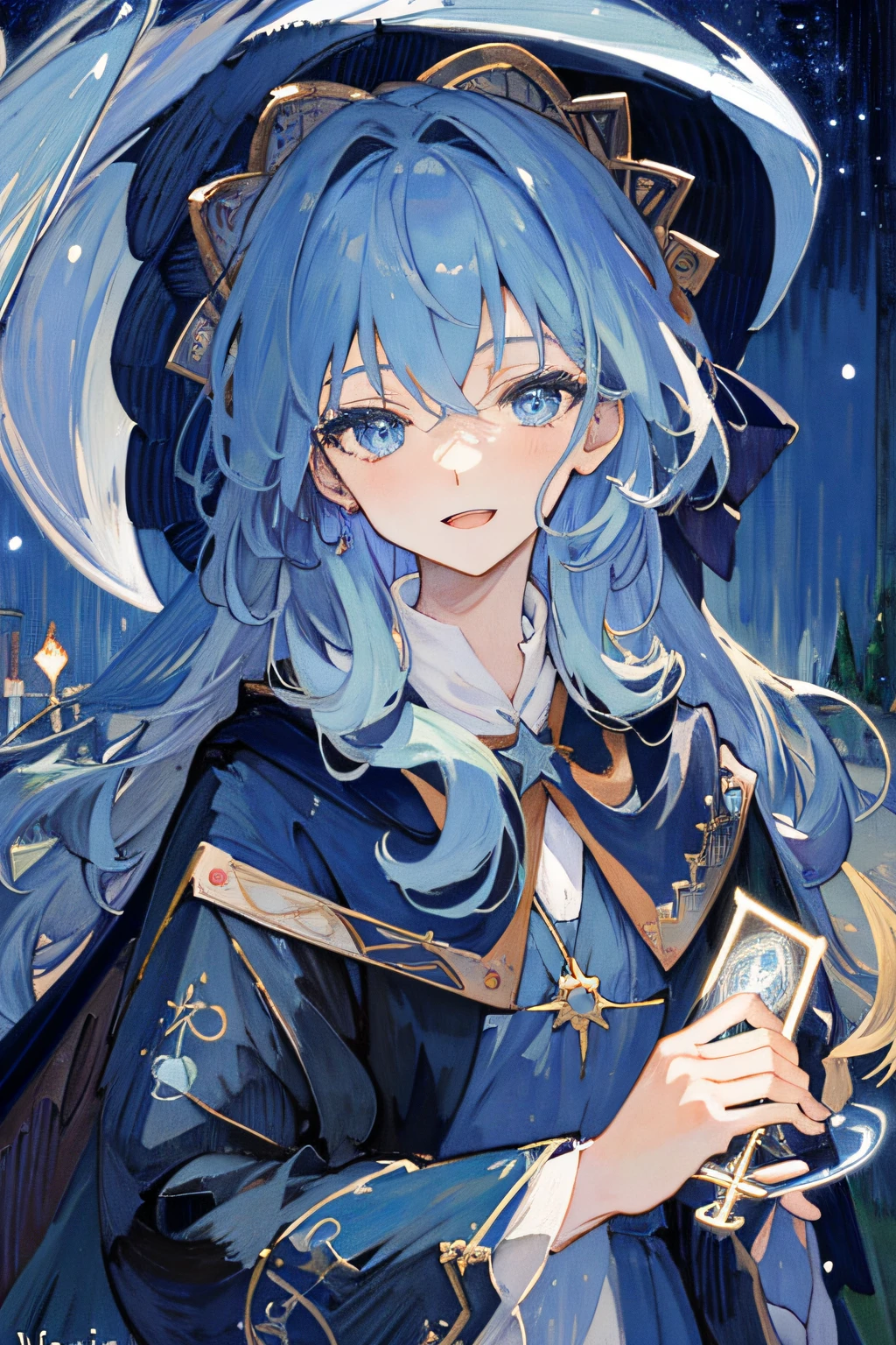 ((Masterpiece:1.2, Best quality)), 1girll, Solo, (Witch hat), Blonde hair, Long hair, holding a wine cup,shift dresses, aurora, Night, Star (sky), mitts, sky, White dress, Night sky, Open mouth, Starry sky, Blue eyes, ribbon, Very long hair, Red dress, Smile, Hair ribbon, Cape, Blue hair, (Bird), magic, casting spell, Dark clouds, Night, (Impressionism:1.4), (tarot:1.3), Alphonse Mucha,