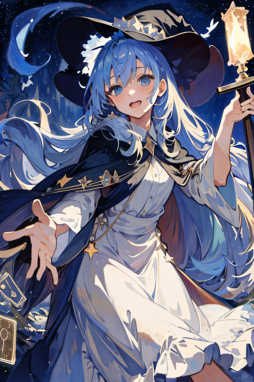 ((Masterpiece:1.2, Best quality)), 1girll, Solo, (Witch hat), Blonde hair, Long hair, Holding a wine glass dress, aurora, Night, Star (sky), mitts, sky, White dress, Night sky, Open mouth, Starry sky, Blue eyes, ribbon, Very long hair, Red dress, Smile, Hair ribbon, Cape, Blue hair, (Bird), magic, casting spell, Dark clouds, Night, (Impressionism:1.4), (tarot:1.3), Alphonse Mucha,