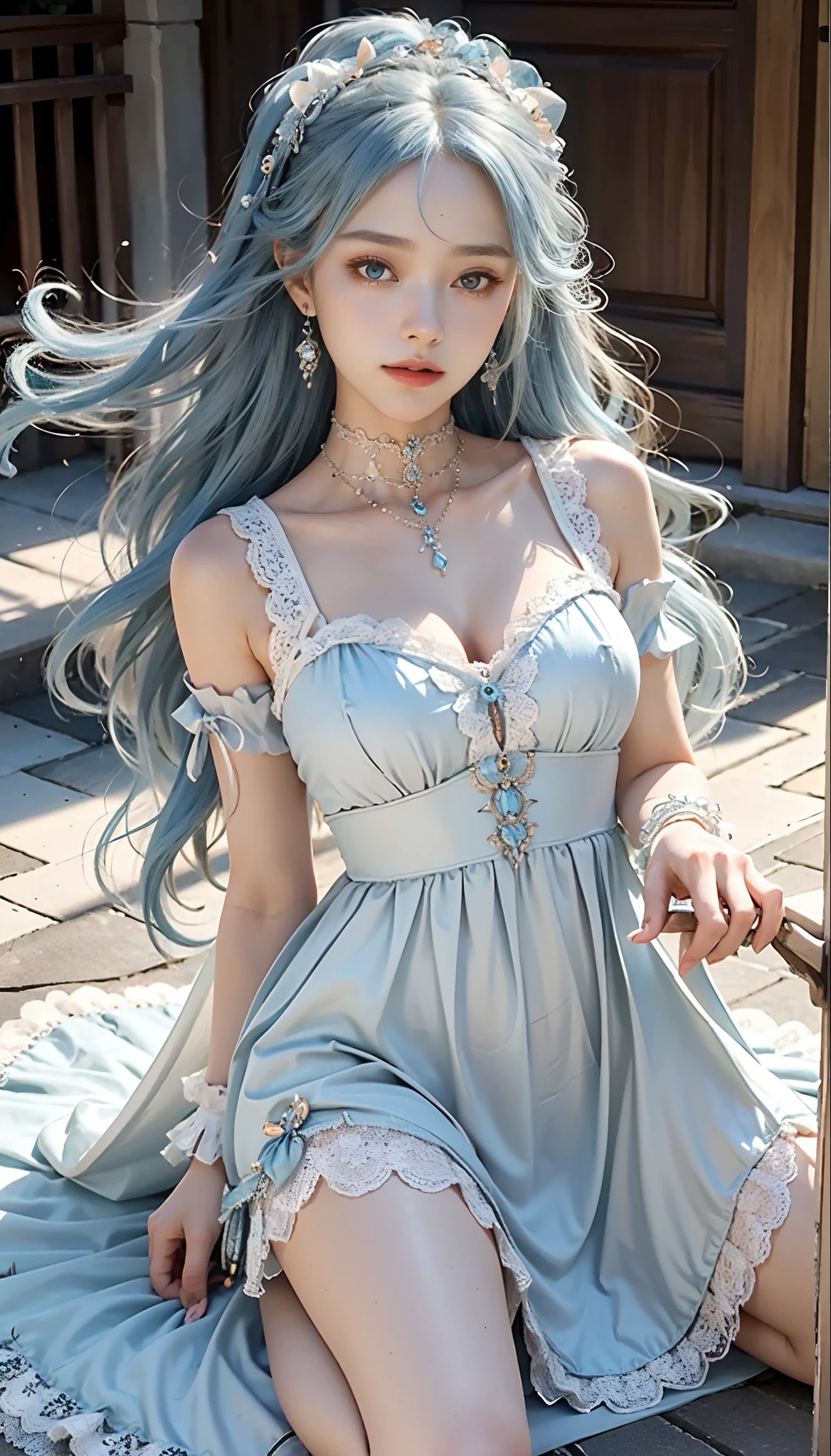 meticulous portrayal of face,1 noblewoman,(Lace orange Lolita maxi dress),(Long flowing light blue hair),Exquisite jewelry all over the body,Collar,Anklets,head chain,Lace-trimmed socks,(Lolita shoes), s the perfect face, perfect hand, Perfect Finger, Perfect lips, perfect eyes,Extremely normal body, Perfect background