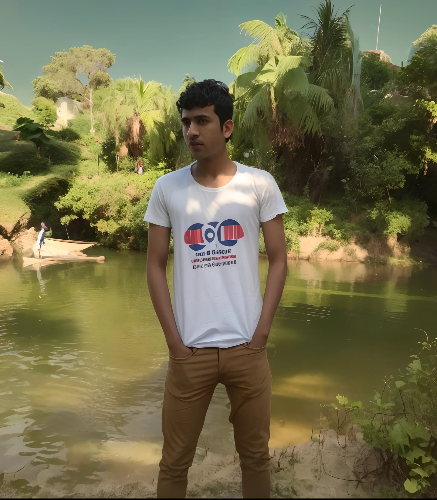 arafed man standing on a rock near a body of water, in front of a forest background, mohamed chahin style, ayan nag, mohamed chahin, river in front of him, scenary, background is heavenly, andres rios, riyahd cassiem, by Abidin Dino, ismail, in a pond, lake in the background