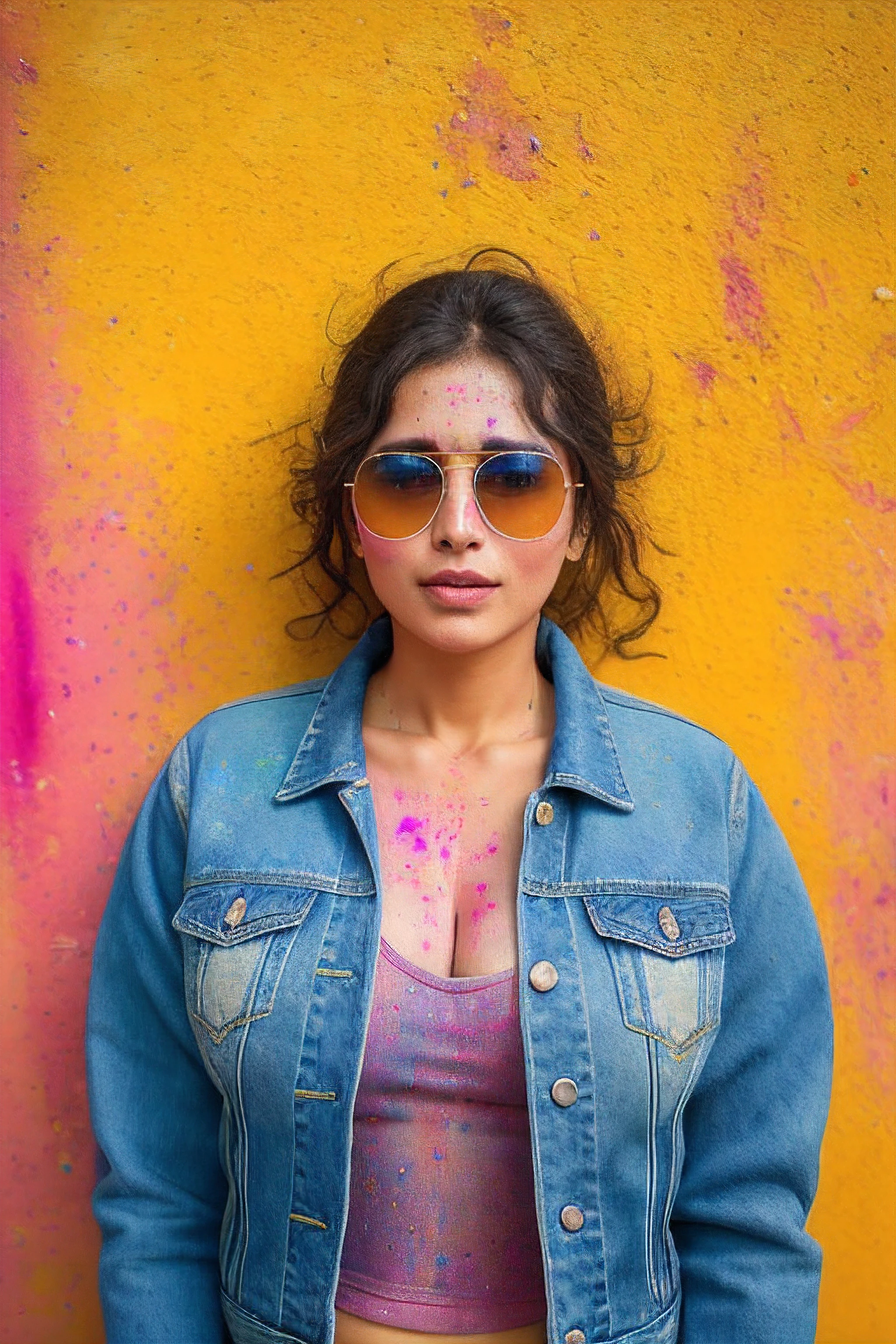 beautiful indian college girl, wearing denim jacket, big tits, looking at viewer, holi color festival, hyper detailed POV, by lee jeffries, nikon d850, film stock photograph ,4 kodak portra 400 ,camera f1.6 lens ,rich colors ,hyper realistic ,lifelike texture, dramatic lighting , cinestill 800,