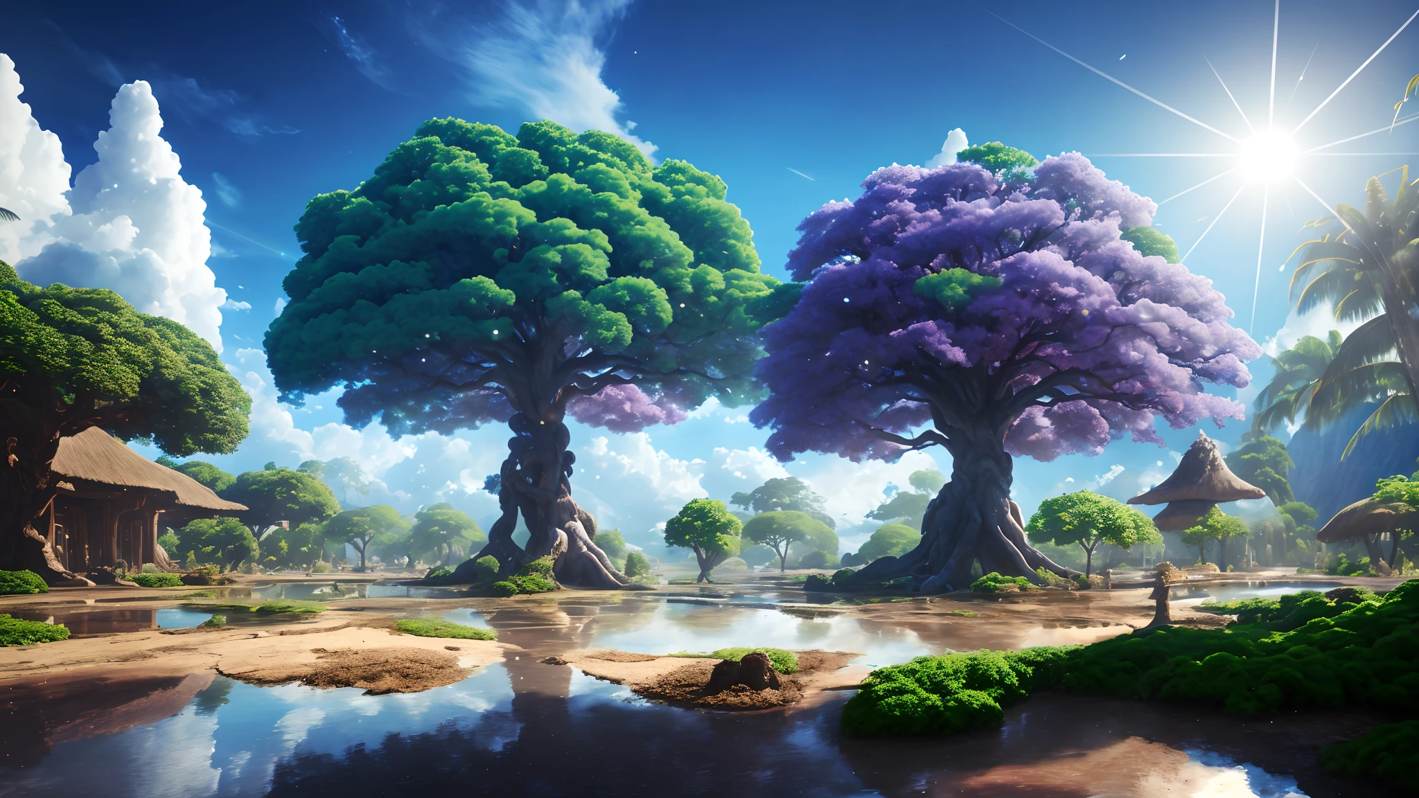 Masterpiece, best quality, high quality, highly detailed CG unity 8k wallpaper, surreal giant cyan rain tree in a futuristic prehistoric village, splashing water, sandy debris, lens flare, sun axis, fluffy clouds, ultra detailed, HDR, bloom, photorealistic, ultra detailed