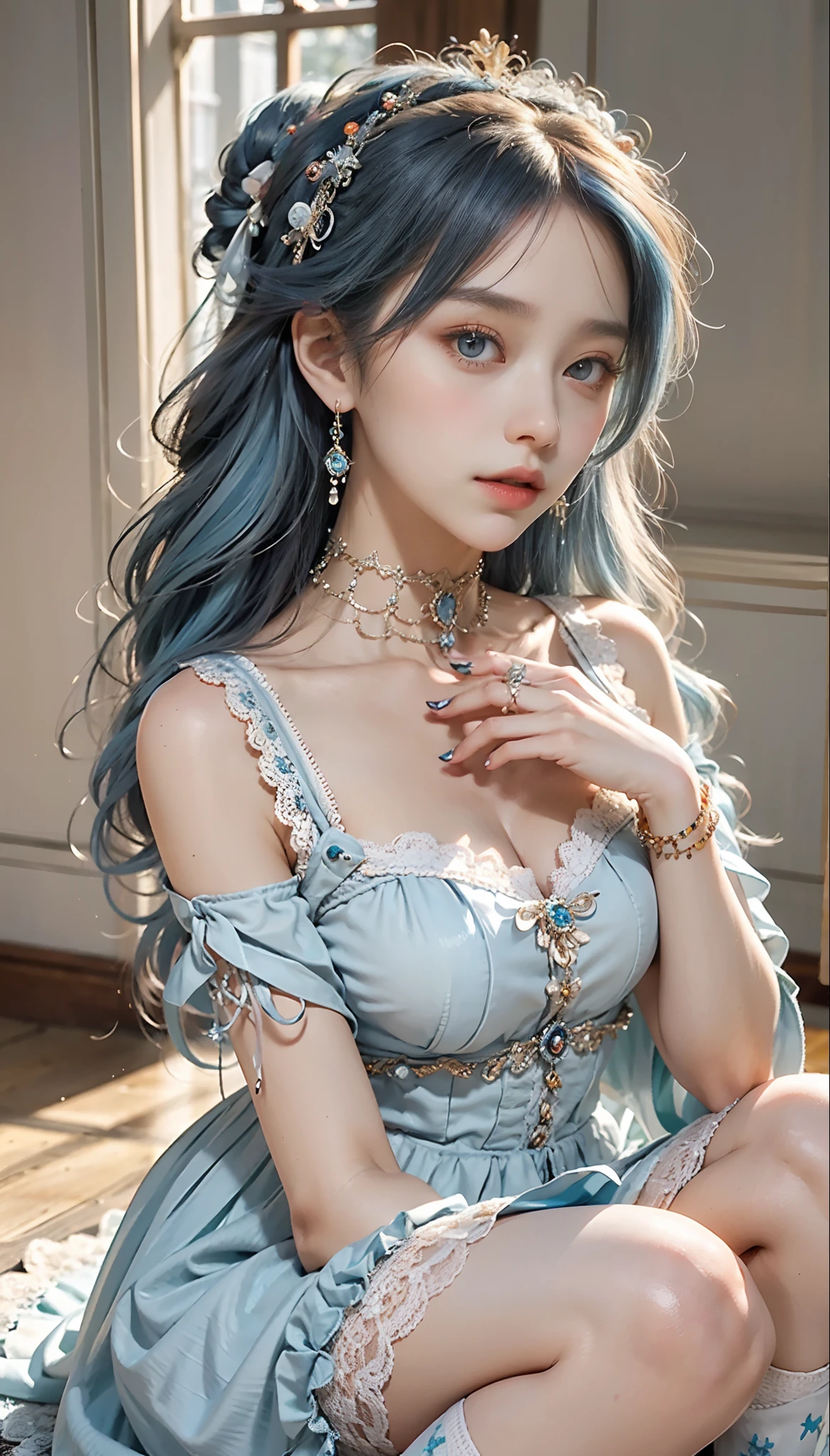 meticulous portrayal of face,1 noblewoman,(Lace orange ta maxi dress),(Long flowing light blue hair),Exquisite jewelry all over the body,Collar,Anklets,head chain,Lace-trimmed socks,(Lolihoes), s the perfect face, perfect hand, Perfect Finger, Perfect lips, perfect eyes,Extremely normal body, Perfect background