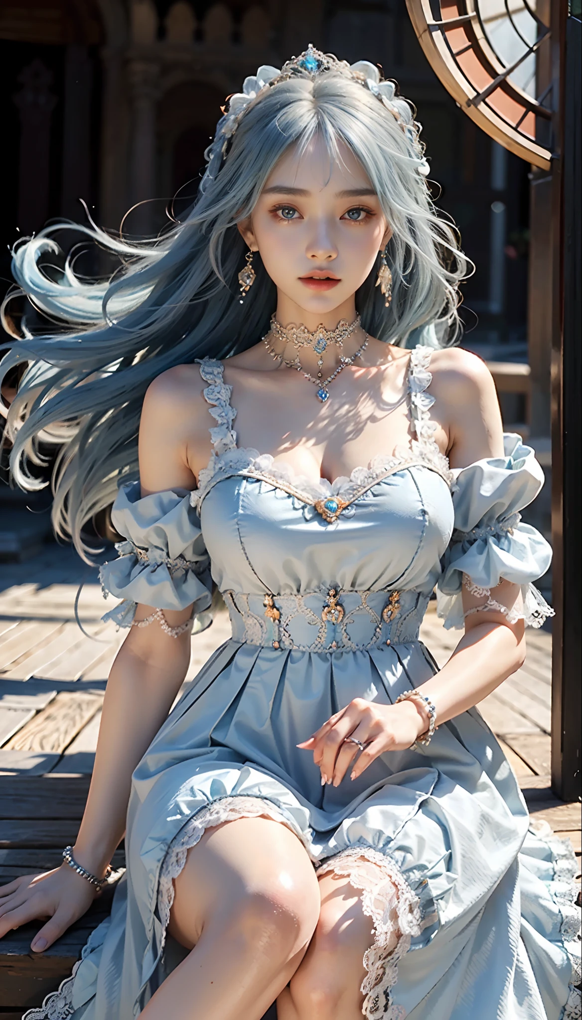 meticulous portrayal of face，1 noblewoman，(Lace orange Lolita maxi dress)，(Long flowing light blue hair)，Exquisite jewelry all over the body，Collar，Anklets，head chain，Lace-trimmed socks，(Lolita shoes)， s the perfect face， perfect hand， Perfect Finger， Perfect lips， perfect  eyes，Extremely normal body， Perfect background