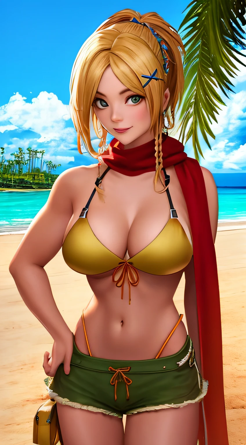 Highly detailed, High Quality, Masterpiece, beautiful, 1girl, RikkuX2, blonde hair, bikini, shorts, scarf, hairband, looking at viewer, light smile, food, ((beach background:1.1)), dry day, water upper body,