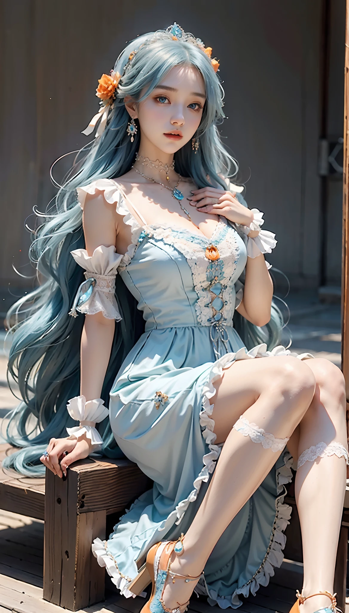 meticulous portrayal of face，1 noblewoman，(Lace orange Lolita maxi dress)，(Long flowing light blue hair)，Exquisite jewelry all over the body，Collar，Anklets，head chain，Lace-trimmed socks，(Lolita shoes)， s the perfect face， perfect hand， Perfect Finger， Perfect lips， perfect  eyes，Extremely normal body， Perfect background