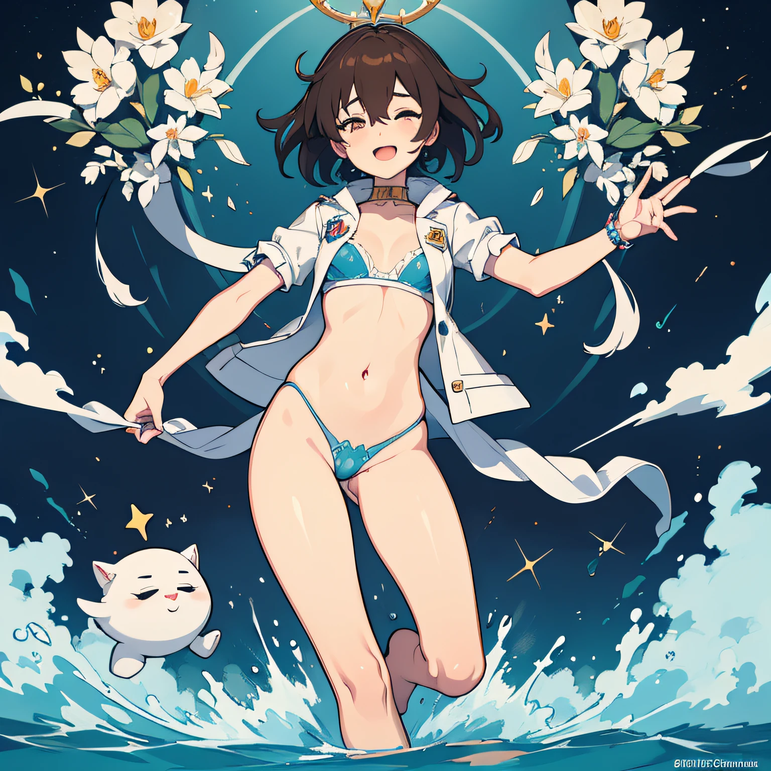solo person，undertale，frisk，Close your eyes，Charming，Evil laughter，sexy for，Nipple patches，X-rated，Get wet，Open chest and breasts，Open navel，pantyless，no-bra，stocklings，Full body standing painting，tempting pose，with short brown hair，the detail，Blue sex costume，k hd，Cocked buttocks，love heart，jade foot，Vest line，with an open crotch，Stripper，Dress revealingly，close to original，illustration，CG，，quadratic element（Optimal image quality，tmasterpiece，sexual appetite）